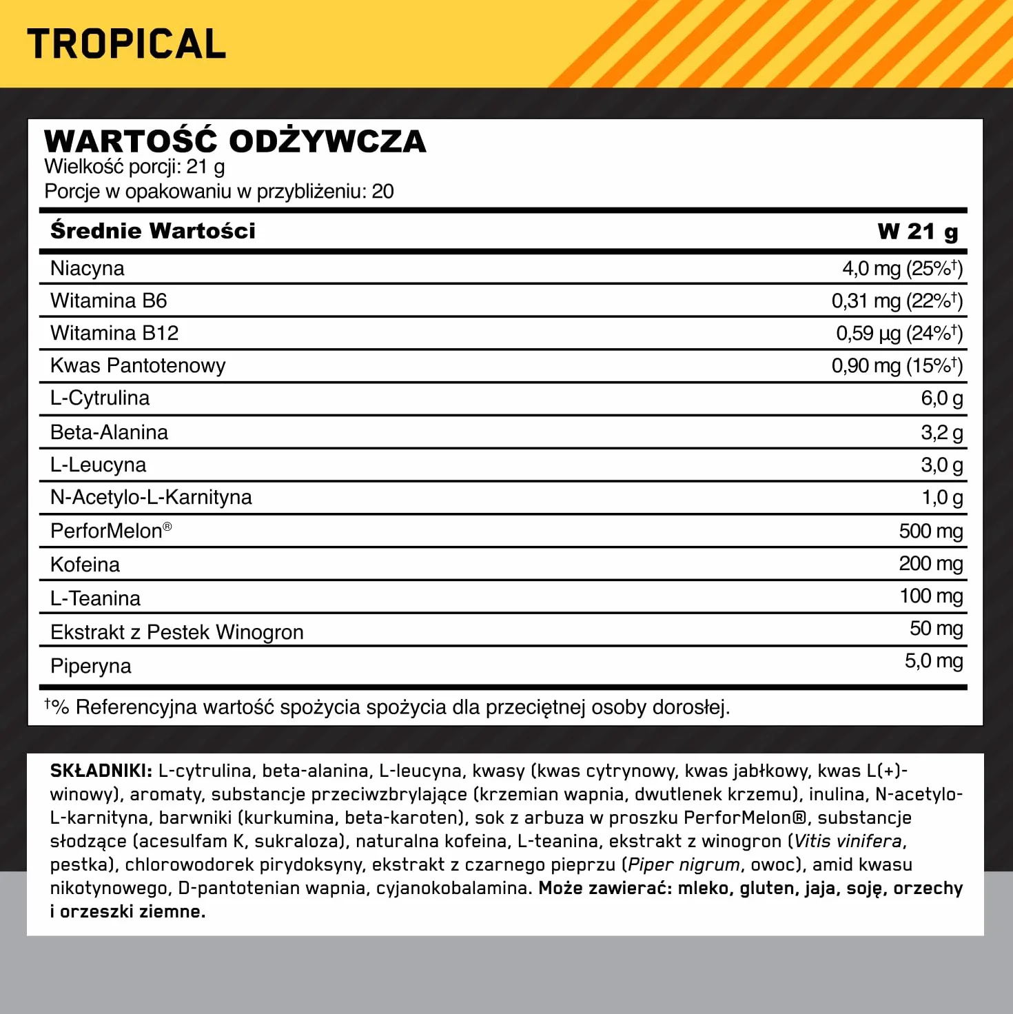 Optimum Nutrition Gold Standard przedtreningowa odżywka energetyczna z monohydratem kreatyny, beta-alaniną, kofeiną i wit. B12 i B6, smak Tropical, 20 porcji, 420 g