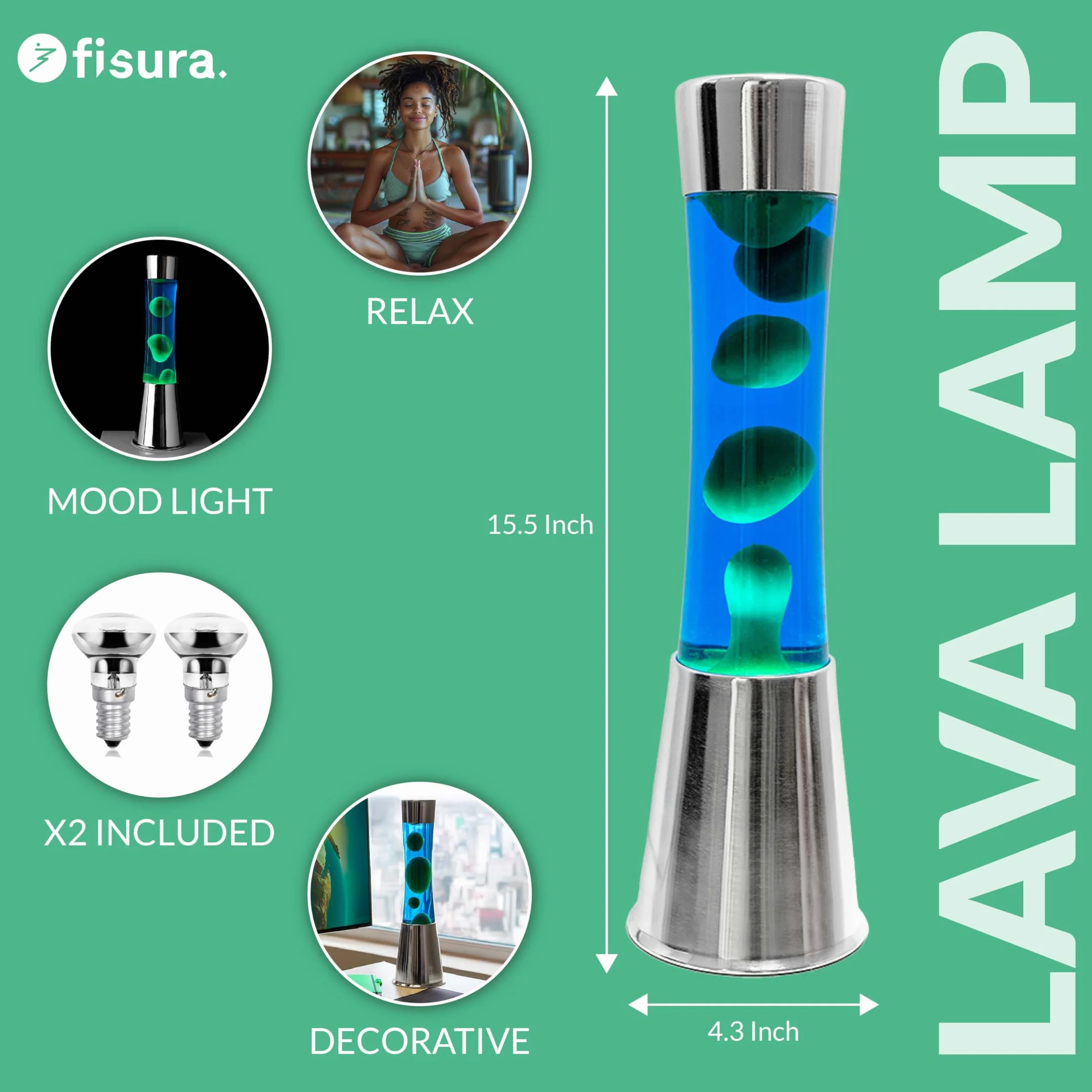 Fisura - Lampa lawa zielona i niebieska. Chromowana podstawa, niebieski płyn i zielona lawa. Relaksujący efekt. Z zapasową żarówką. 11 cm x 11 cm x 39,5 cm.