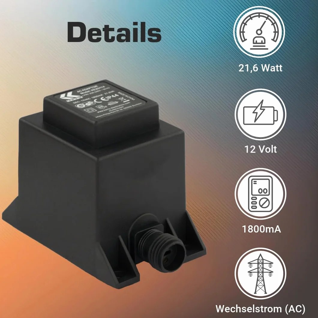 KERRY transformator 12 V 21,6 VA AC/AC, do użytku na zewnątrz, IP44, np. do oświetlenia LED i pomp, długość 1,5 m
