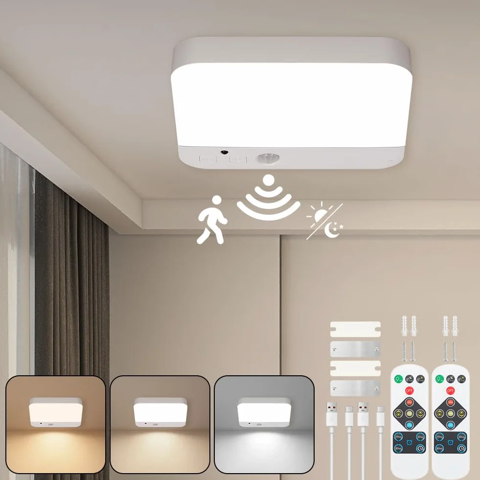 URAQT Lampa Sufitowa LED z Czujnikiem Ruchu, Bezprzewodowa, 3000K/4000K/6500K, Akumulatorowa, z Pilotem i Timerem, Åšciemnialna, do Łazienki, Sypialni, Korytarza