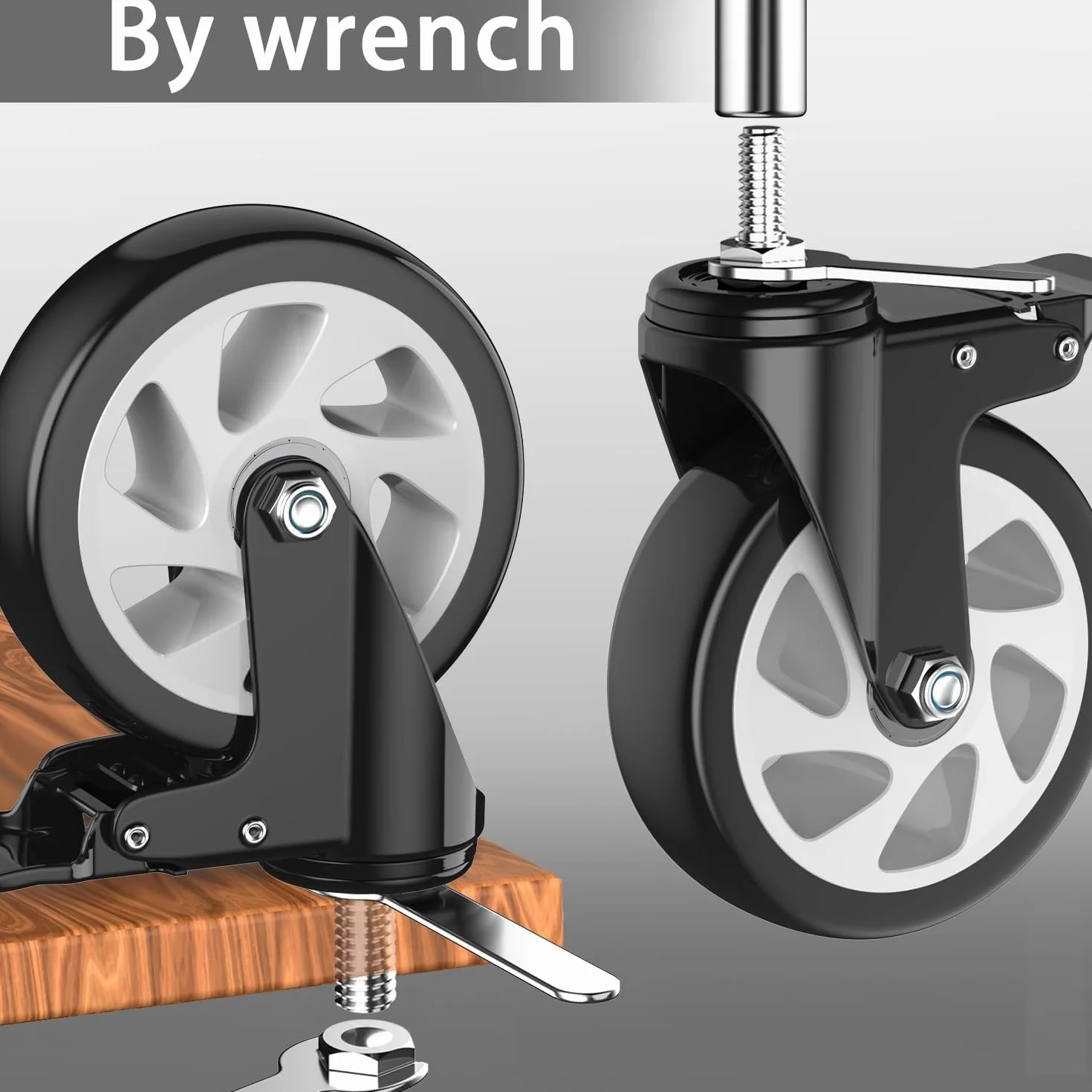 5-calowe wytrzymałe kółka jezdne, zestaw 4 kółek trzpieniowych, 3/8"-16 x 1 (średnica trzpienia 3/8", długość trzpienia 1"), blokowane obrotowe kółka trzpieniowe z gwintem, zestaw 4 kółek