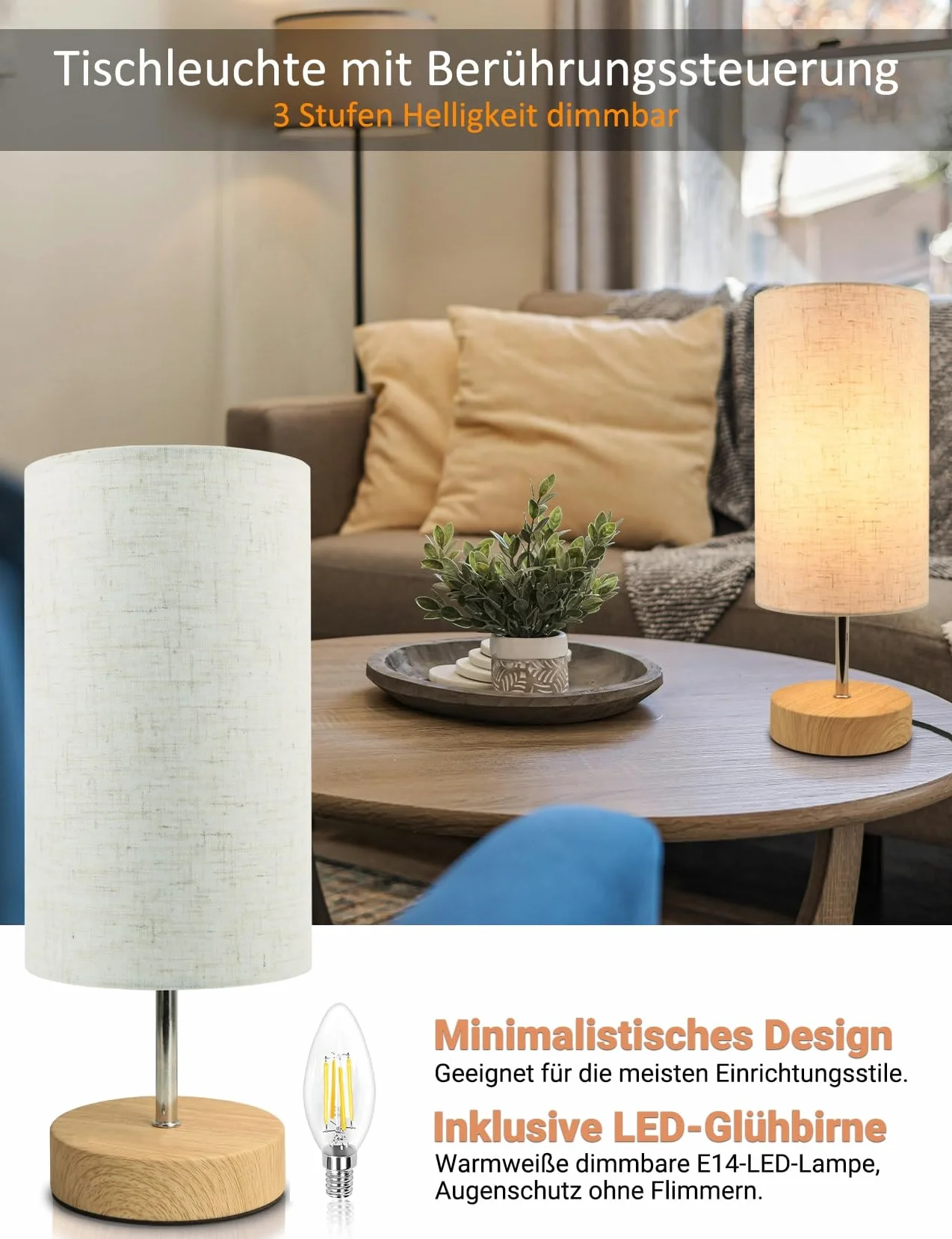 Dotykowa lampka nocna, 34 cm ściemnialna sterowanie dotykowe lampa stołowa LED nowoczesna lampa stołowa retro z żarówką do czytania salon pokój dziecięcy klosz z tkaniny do sypialni hotelu