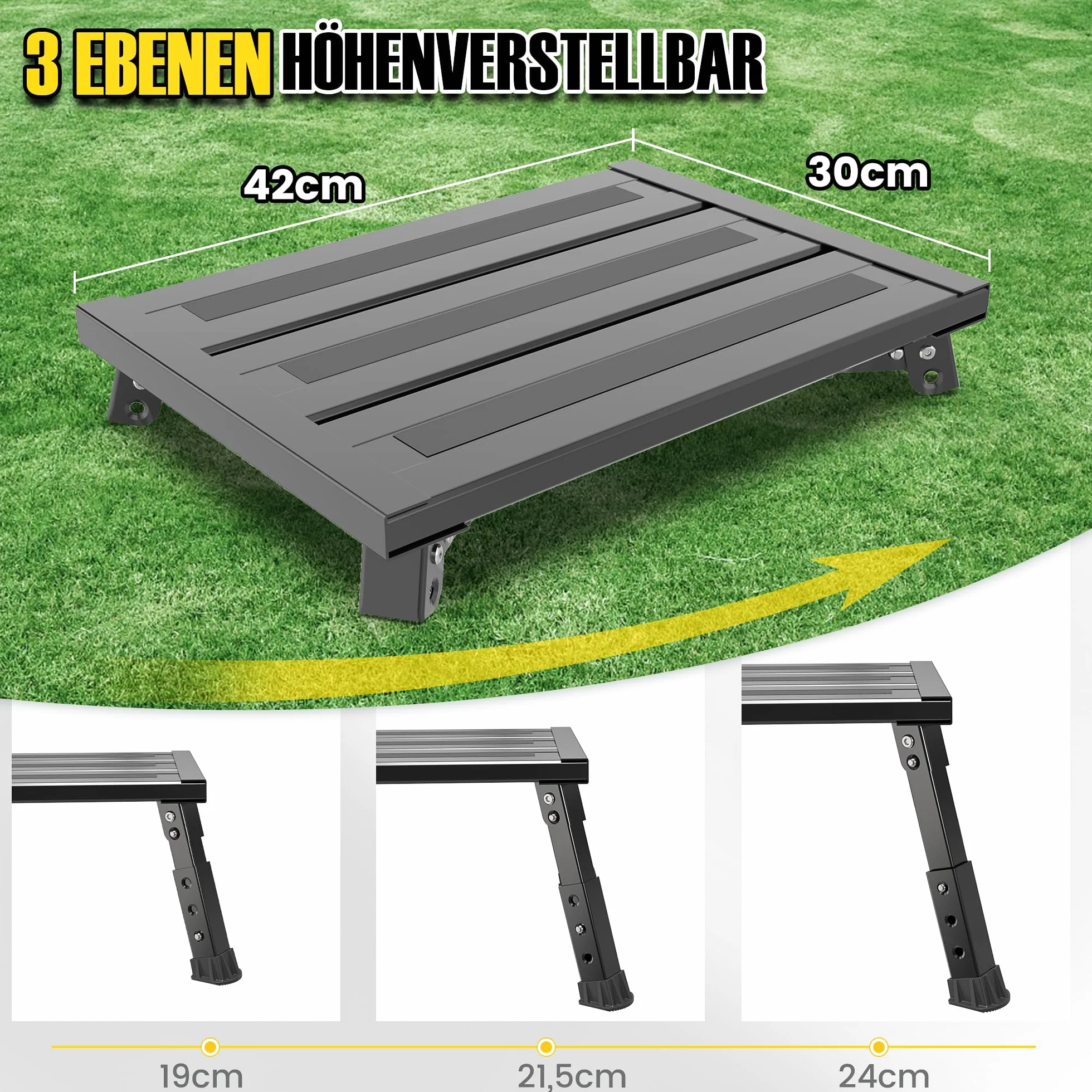 Aluminiowa drabina składana, 1 stopień, 3-stopniowa regulacja wysokości, szeroka powierzchnia antypoślizgowa, obciążenie do 1000 kg, wysokiej jakości konstrukcja aluminiowa (czarna)