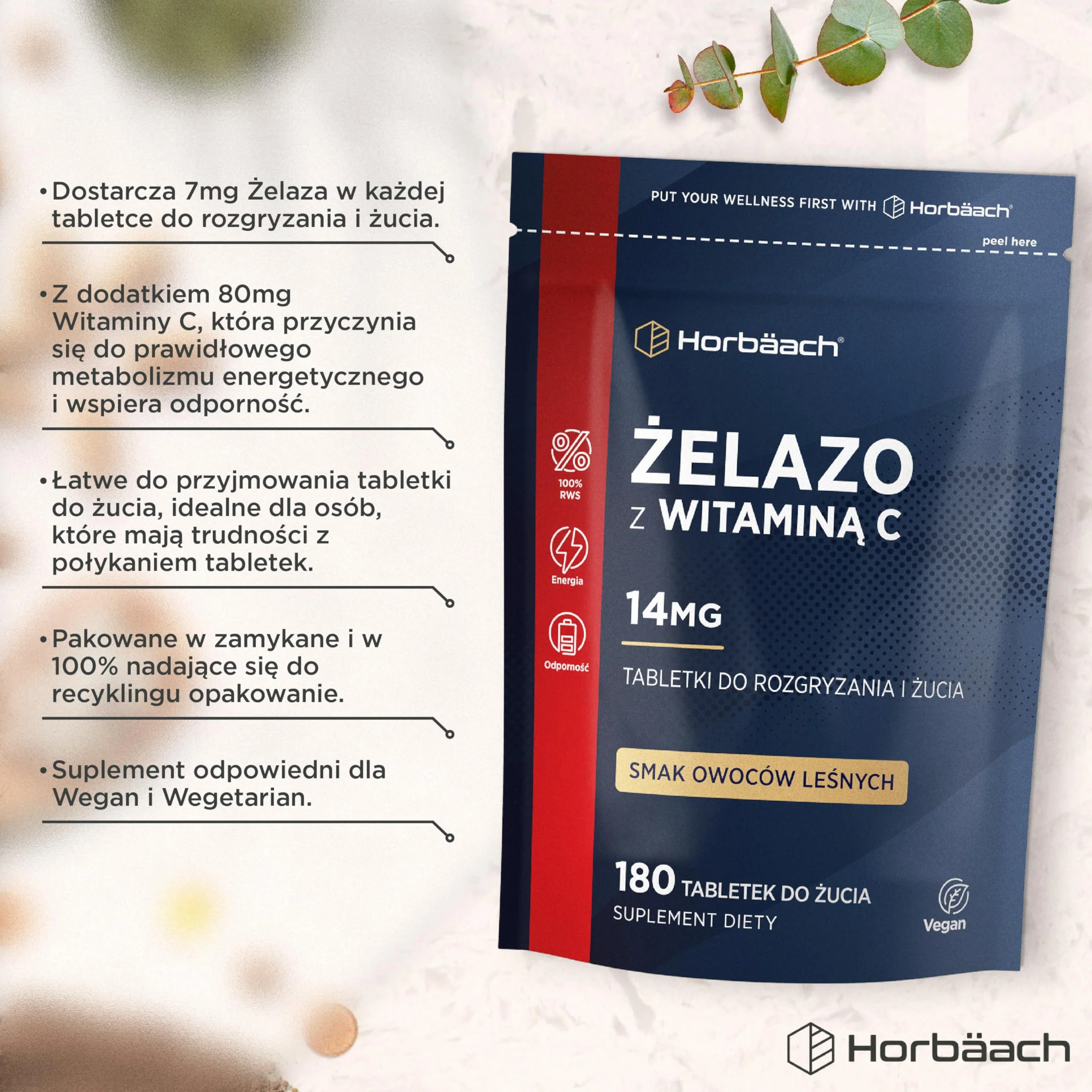 Żelazo Tabletki 14 mg z Witaminą C 80mg | 180 Tabletek Do Rozgryzania i Żucia o Smaku Owoców Leśnych | Zapas na 3 Miesiące | Wegańskie | Suplement Dla Kobiet i Mężczyzn | marki Horbaach