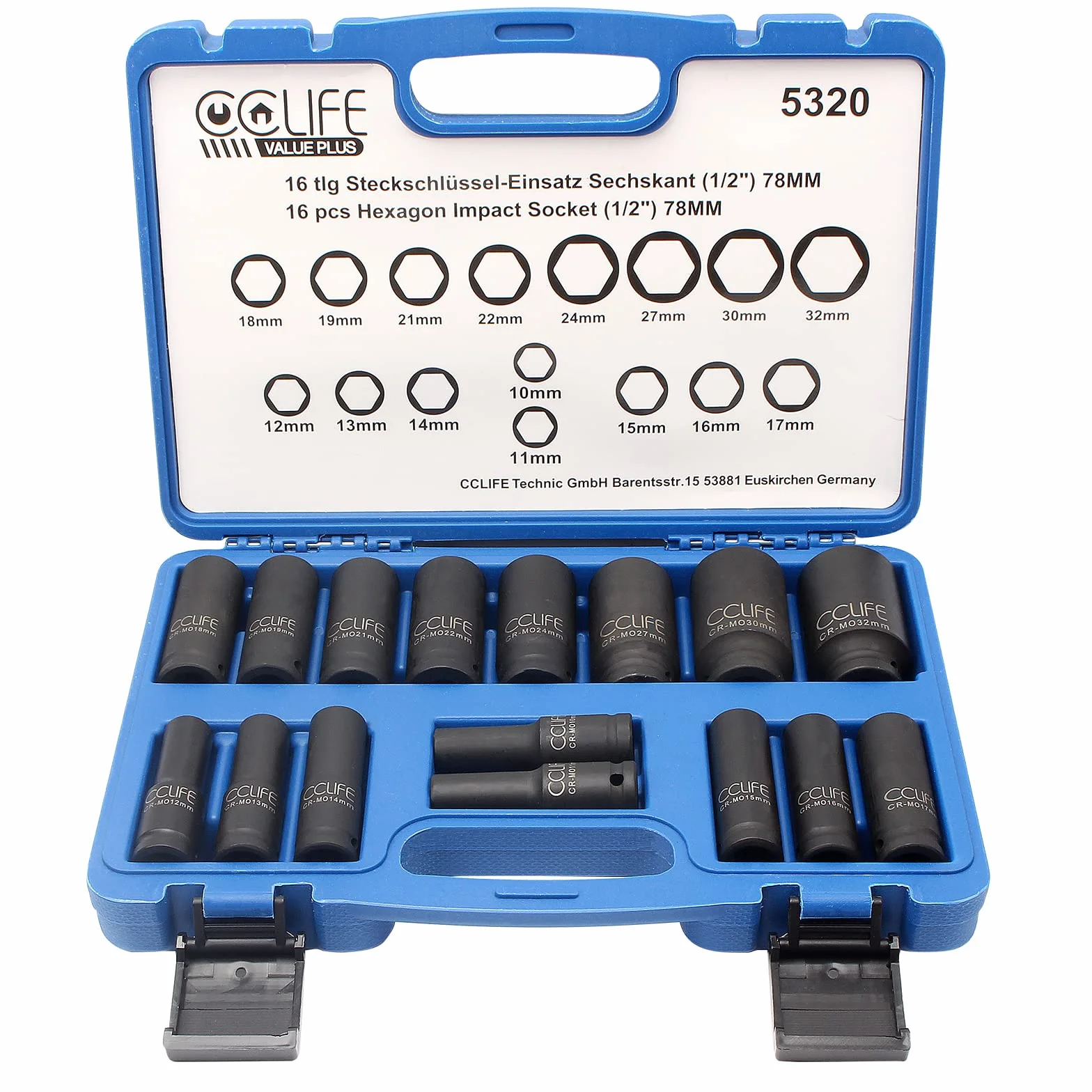 CCLIFE Zestaw nasadek udarowych, głębokie nasadki udarowe 1/2" sześciokątne metryczne 10-32 mm, 16 sztuk