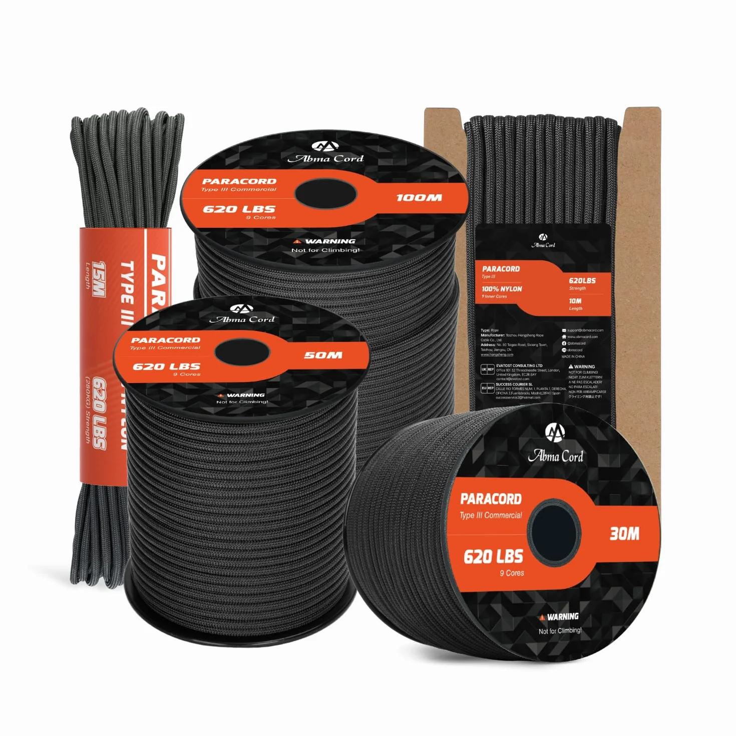Abma Cord Paracord 4mm 15m 100% Nylonowa Sznurek Linka 9-żyłowa Typ III do Biwakowania, Majsterkowania, Zewnątrz, Survivalowy - Max. 280kg (620lb) - Czarny