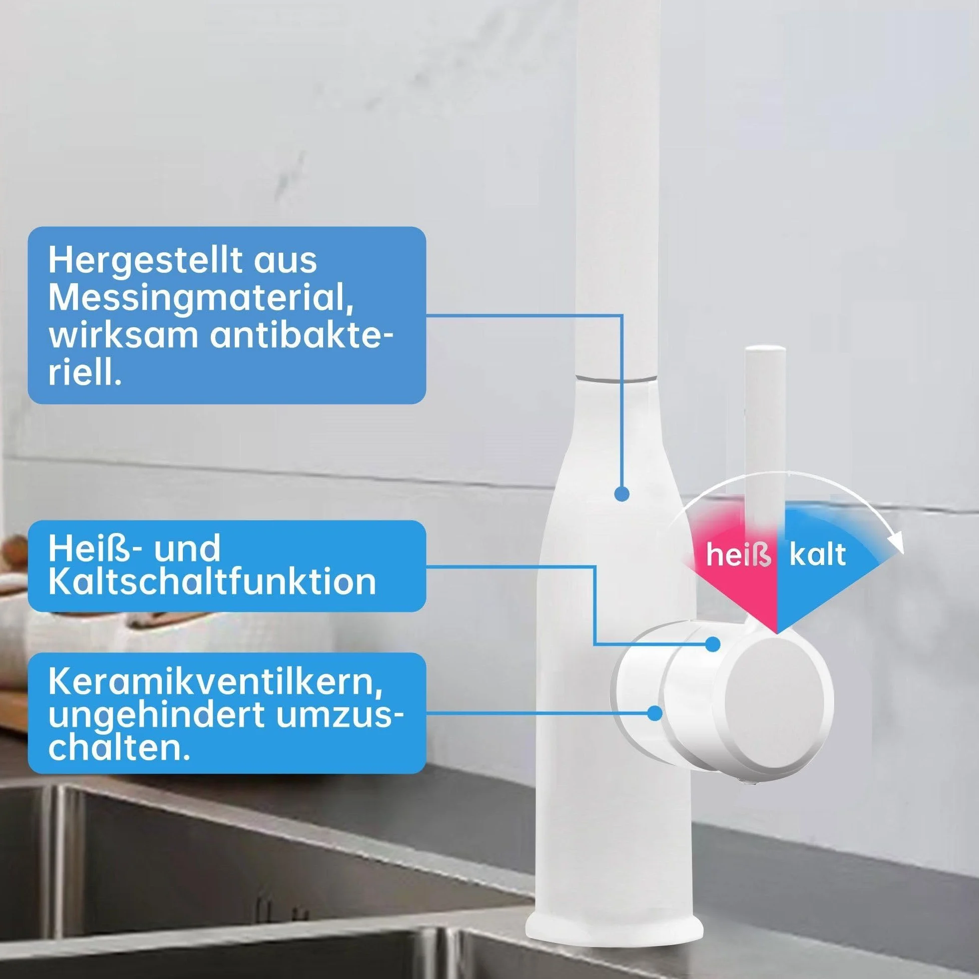 Kran kuchenny, armatura umywalkowa, armatura łazienkowa, bateria mieszakowa, dwie funkcje natrysku, armatura kuchenna, obracana o 360°, z wylewką, wyciągana, do łazienki, kuchni (biała)