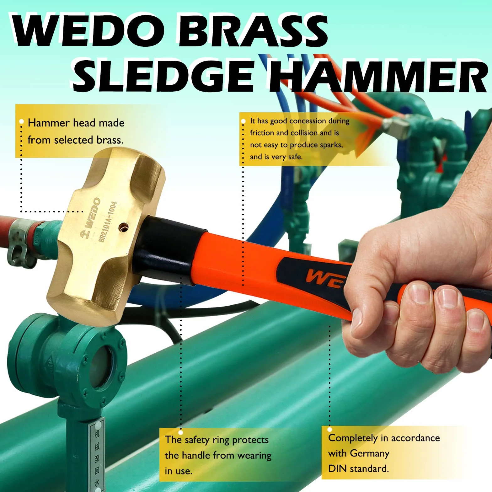 WEDO Mosiężny młot kowalski z uchwytem z włókna szklanego, niemagnetyczny, matrycowy, odporny na korozję, standard DIN, 0.9 kg, 350 mm, 35.6 cm