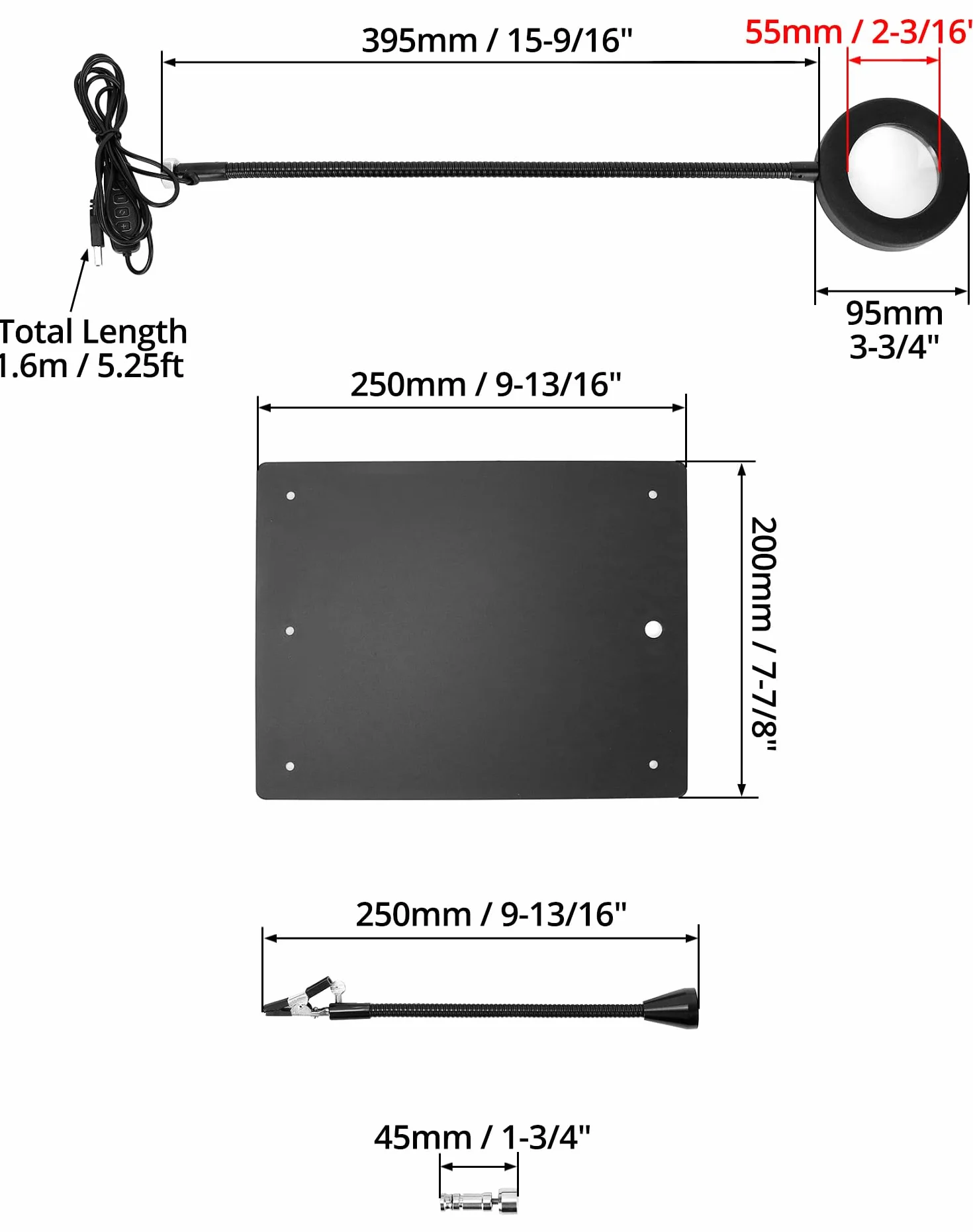 QWORK® Lutowanie z trzeciej ręki, z lampą powiększającą LED 6X, 4 ramionami pomocniczymi do lutowania, 4 kolumnami PCB