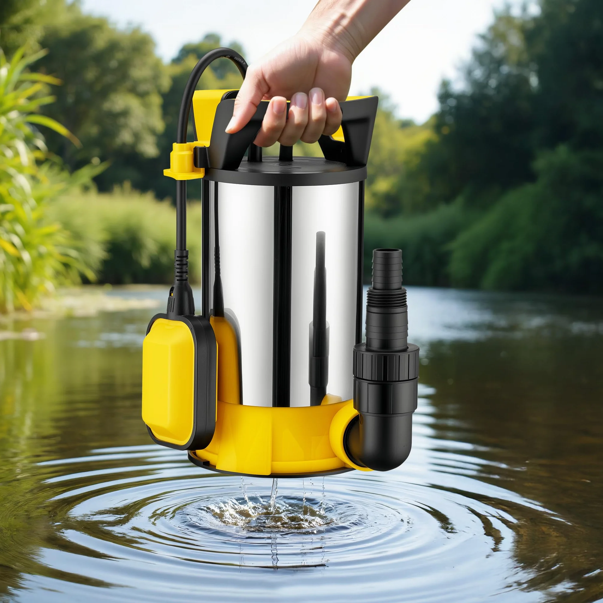 Wiltec Pompa zanurzeniowa 3-w-1 do wody czystej i brudnej, ze stali nierdzewnej i PPO, 1100 W z przepływem 18000 l/h, z dwoma podstawkami na różne wymagania