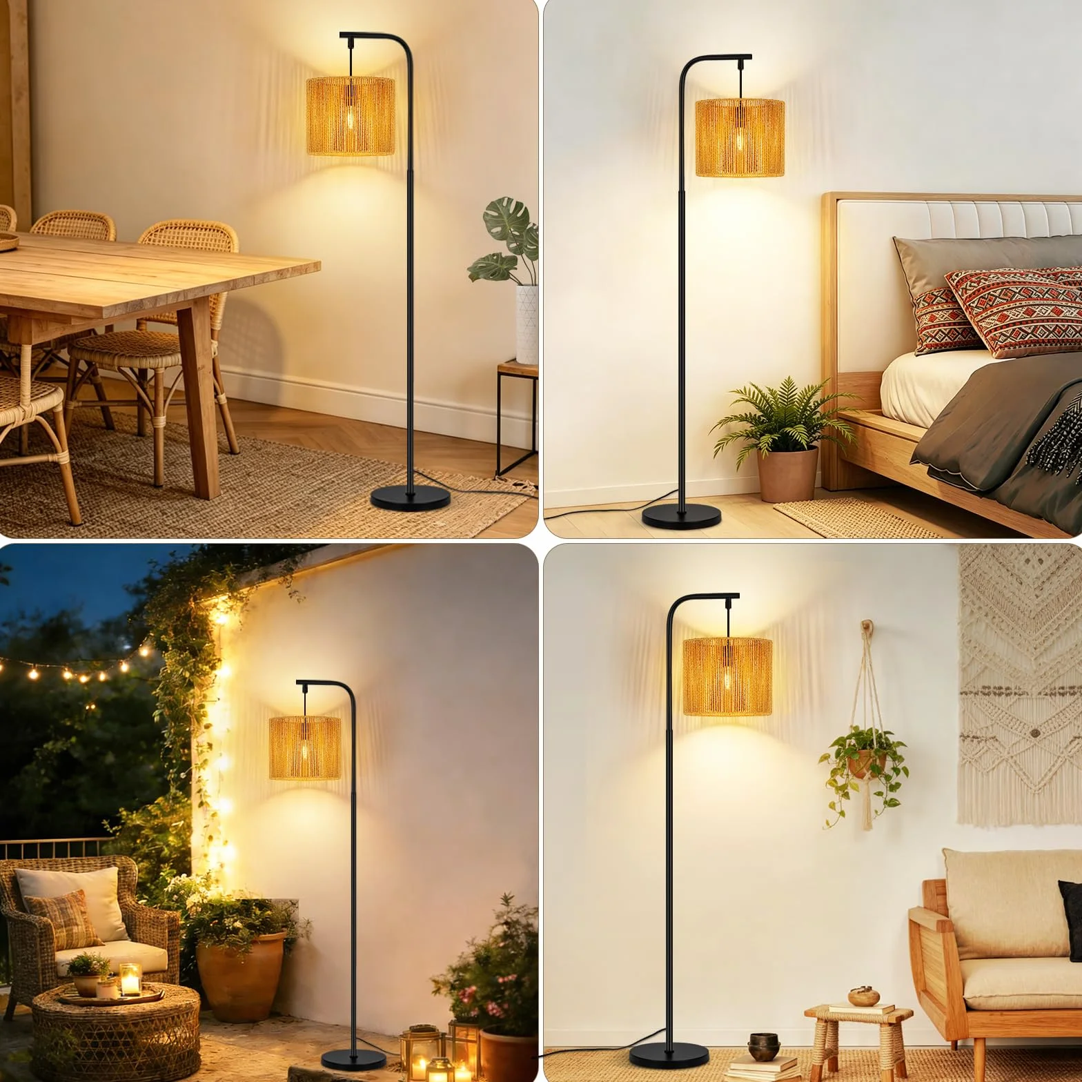 lampa podłogowa boho nowoczesna łukowa konstrukcja z czarnym | linowym abażurem włącznik nożny gniazdo E27 Idealna do salonu sypialni biura czy tarasu