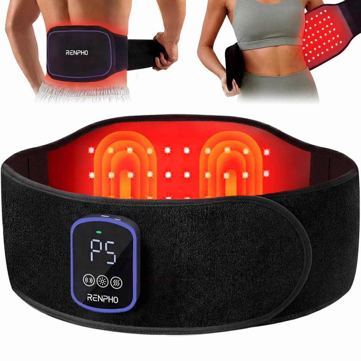 RENPHO Czerwony pasek świetlny, bezprzewodowa poduszka na podczerwień z diodami LED 3 w 1 (660nm i 850nm), 5 poziomów światła i 3 tryby wibracji dla pleców, talii i nóg, z zegarem i wysuwanym paskiem