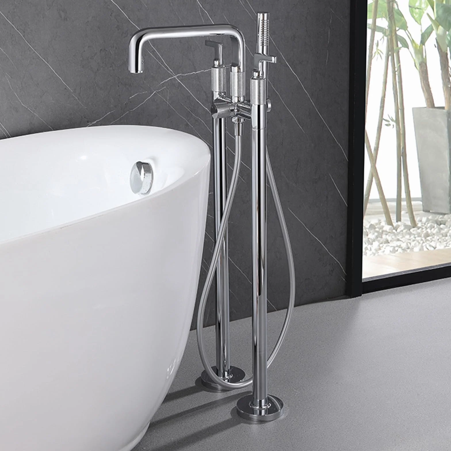 Wolnostojąca armatura wannowa do montażu na podłodze ze słuchawką prysznicową, 2-otworowa dwufunkcyjna bateria wannowa z mosiądzu, chromowana