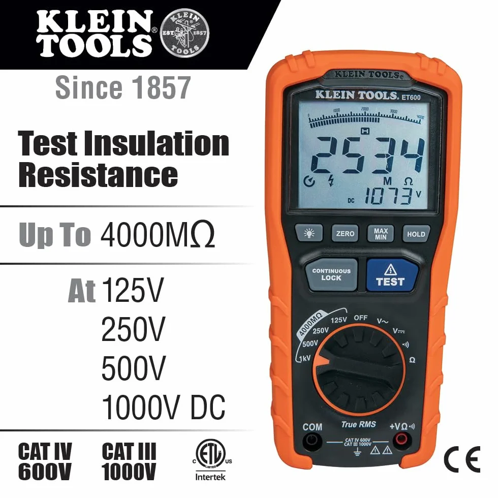 Megaomierz, miernik rezystancji izolacji, rezystor 4000 megaomów, napięcie testowe 125 V/250 V/500 V/1000 V, Klein Tools ET600