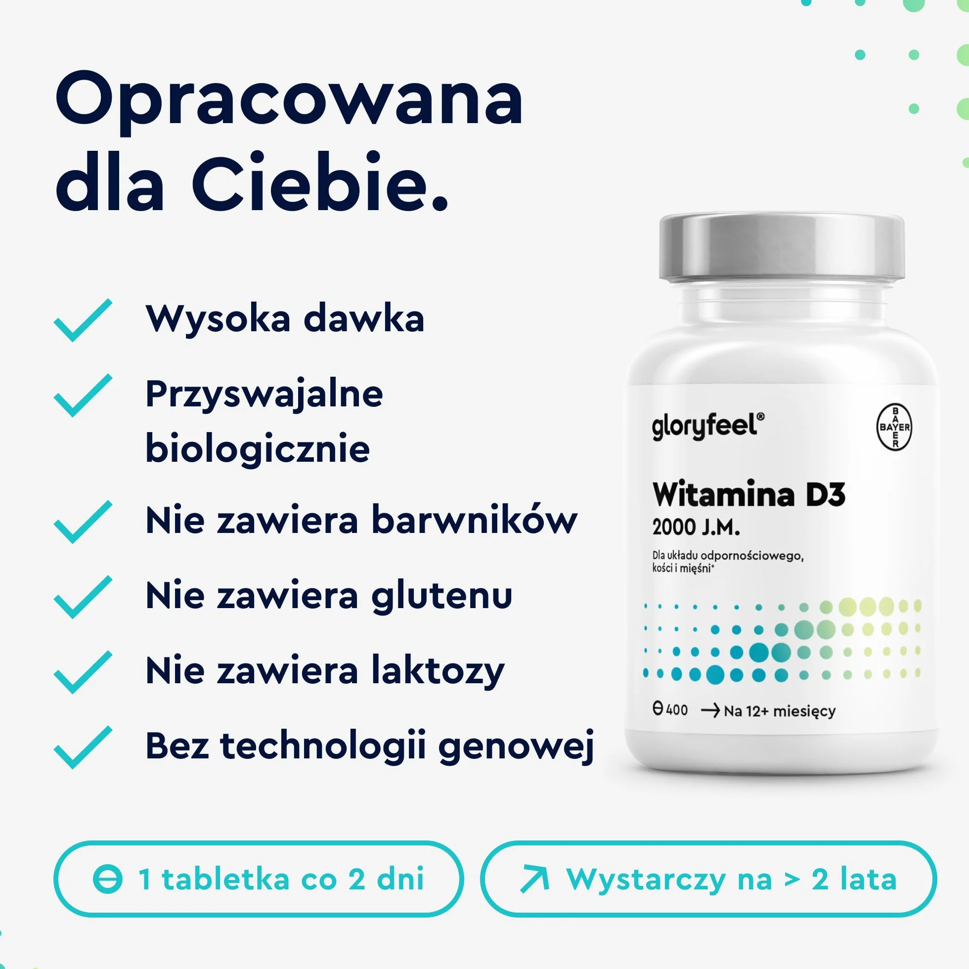 Witamina D3 2000 j.m. - 400 tabletek (13 miesięcy) - Wysoka dawka - Witamina słońca na odporność i kości* - 100% czystego cholekalcyferolu - Testowane laboratoryjnie - Wyprodukowano w DE