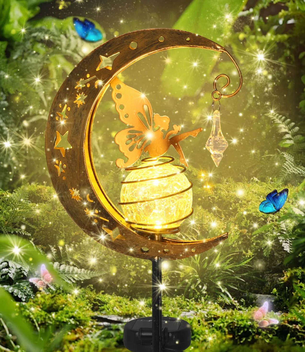 Moon Solar Lights Dekoracja tarasu ogrodowego,Elf/Flower Fairy Wodoodporna lampa słoneczna,Metalowe figurki ogrodu Dekoracja ogrodu,Zewnętrzna lampa słoneczna na zewnątrz,Na taras Balkon Pile Path