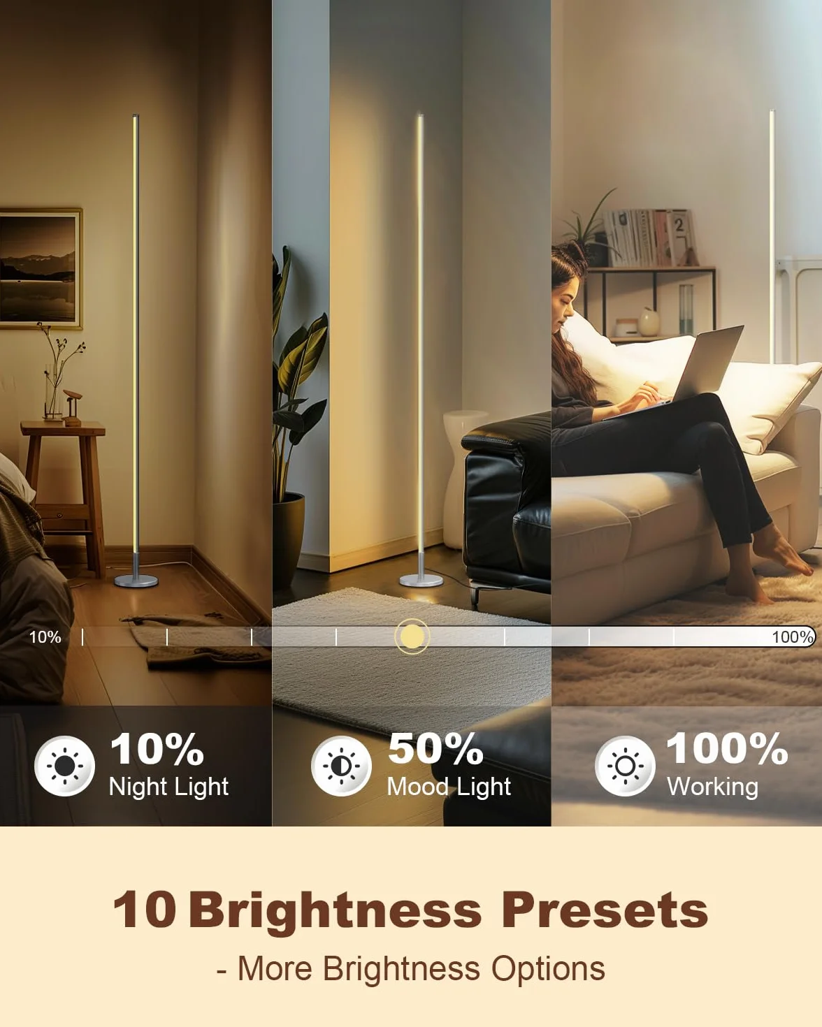 TACAHE Minimalistyczna Narożna Lampa Podłogowa - 2700K-6500K Regulowana Dioda LED - Nowoczesna Lampa Stojąca do Stylizacji Wnętrz z Pilotem do Salonu, Sypialni - 57" (145 cm) 12W - Srebrne