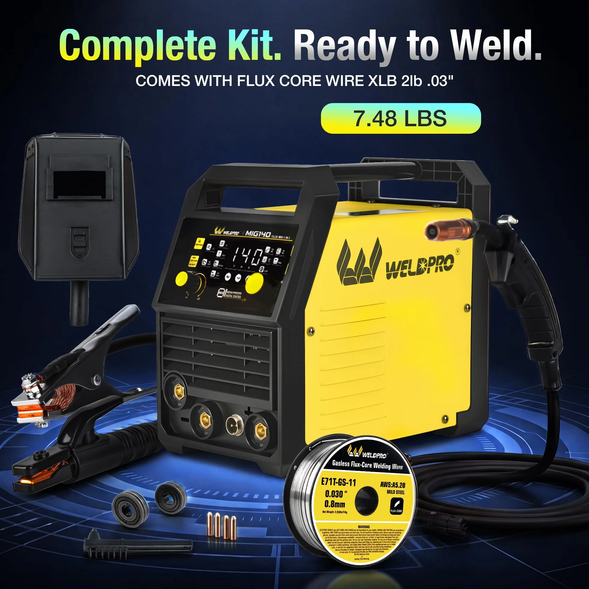 WeldPRO Lutownica MIG 140A 110/220V, lutownica rdzenia przepływowego 5 w 1, synergiczna MIG/grubość MIG/Lift TIG/MMA/spawarka punktowa, spawarka inwerterowa IGBT z cyfrowym wyświetlaczem LED