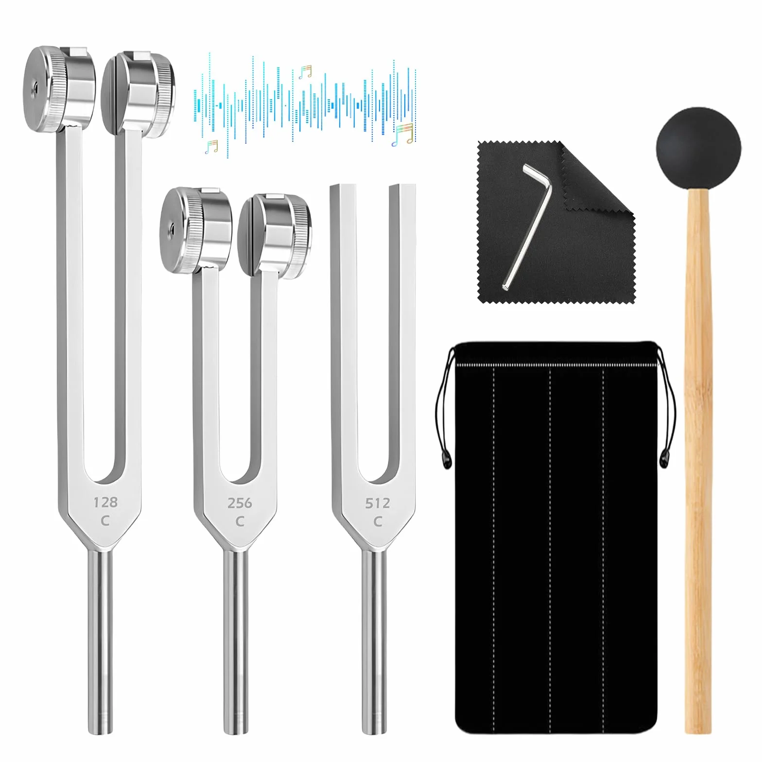 Zestaw kamertonów do strojenia 128 Hz 256 Hz 512 Hz ze stopu aluminium z silikonowym i drewnianym młotkiem