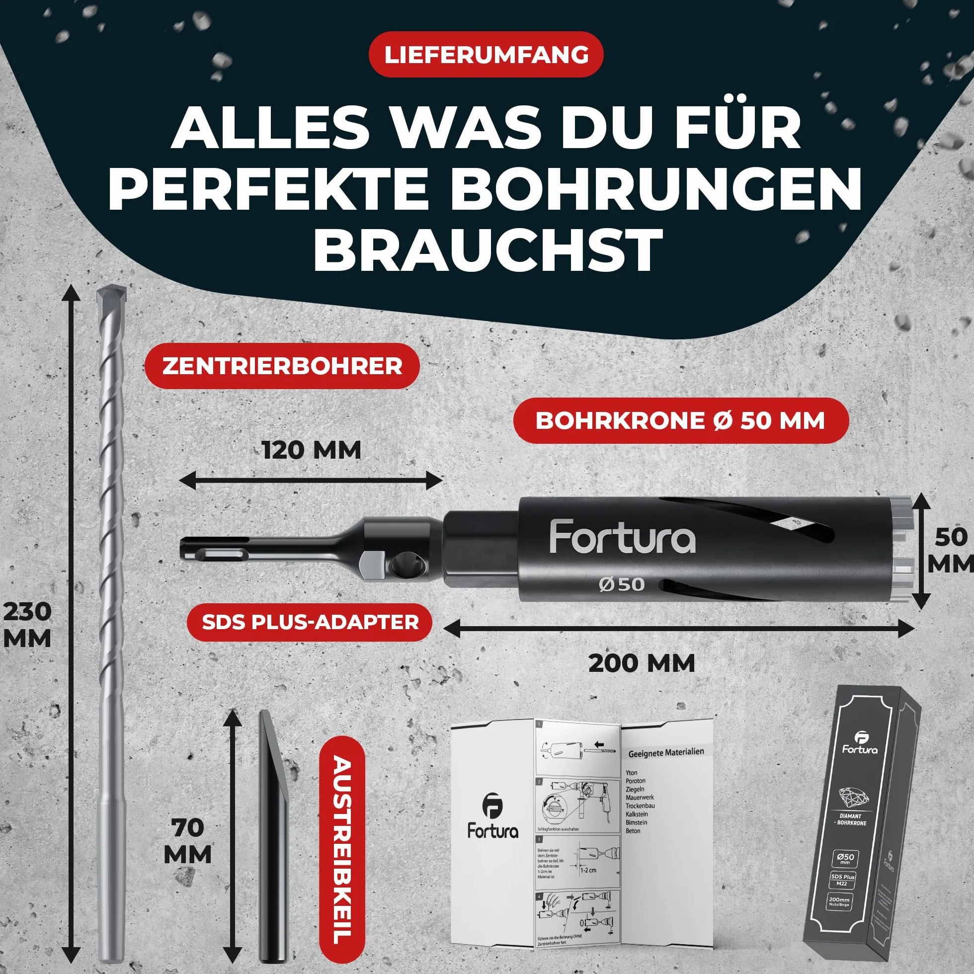 Fortura Wiertło rdzeniowe/koronka wiertnicza Ø 32-162 mm / długość 200 mm/SDS Plus/wiertło puszkowe/diamentowe wiertło wiertnicze / wiertło rdzeniowe / diament (Ø 50 x 200 mm)
