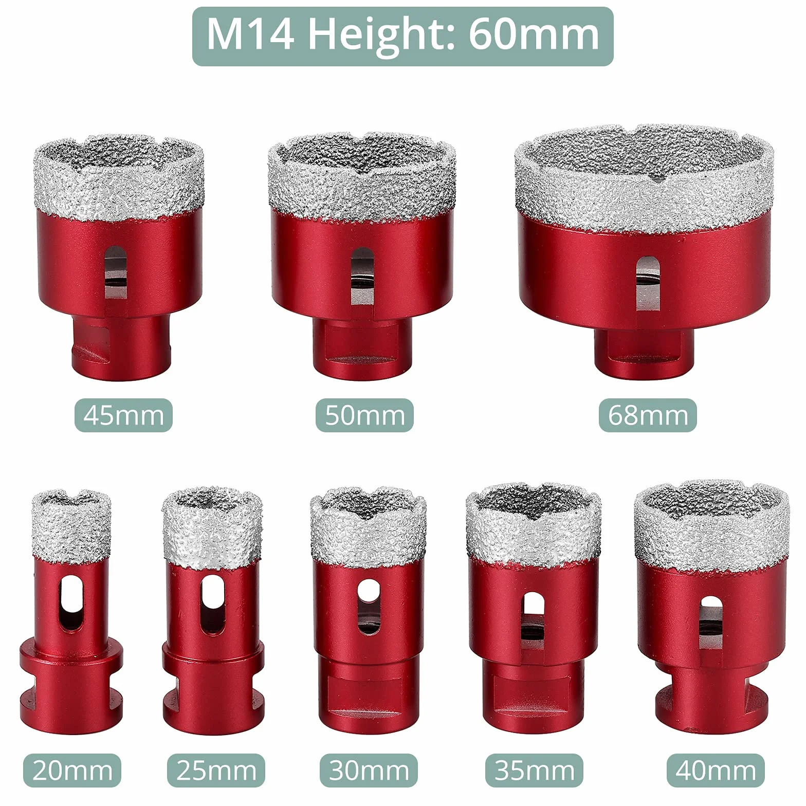 COLFULINE Wiertła diamentowe na sucho, 8 szt. M14, średnica wiercenia 20, 25, 30, 35, 40, 45, 50, 68 mm, zestaw diamentowych otwornic z aluminiową skrzynką, otwornica do lutowania na mokro / sucho do porcelany szkła, płytek ceramicznych
