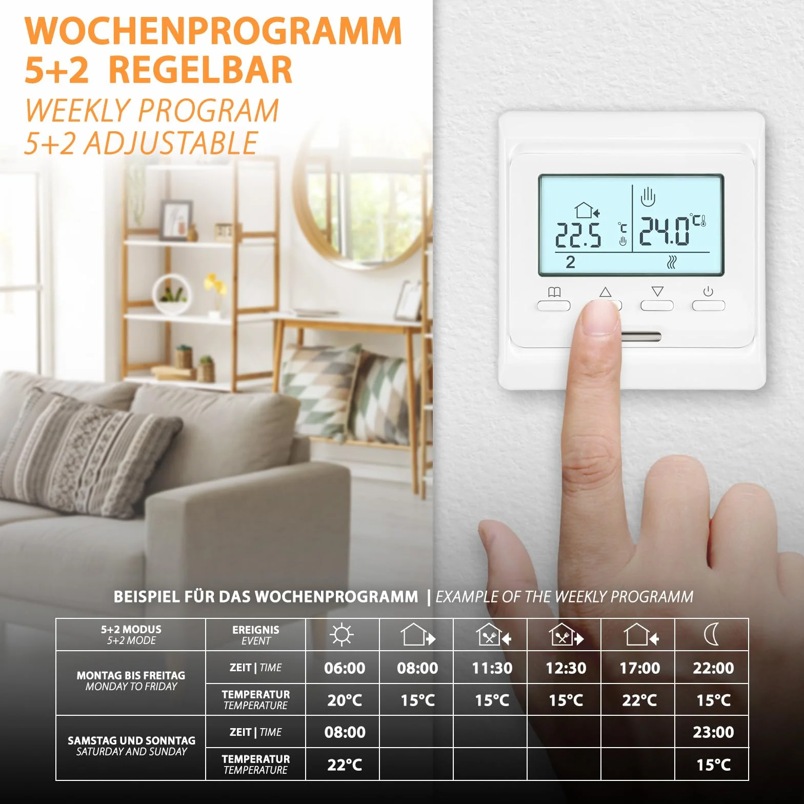 E51 cyfrowy termostat do pomieszczeń z czujnikiem podłogi, podświetlany wyświetlacz, 7-dniowy program tygodniowy do elektrycznego ogrzewania podłogowego i siłowników NC