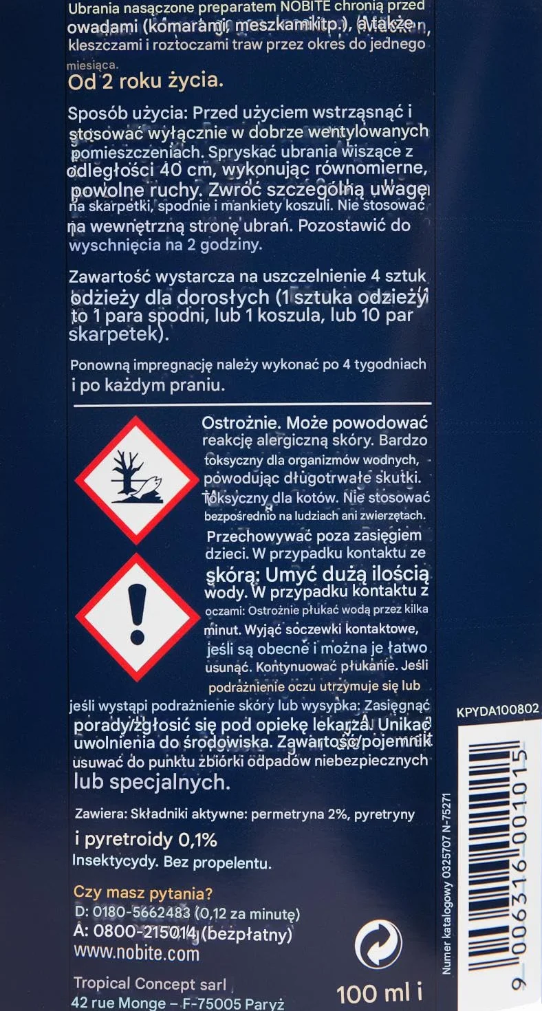 NOBITE Odzież, środek do impregnacji tkanin chroniący przed owadami (100 ML)