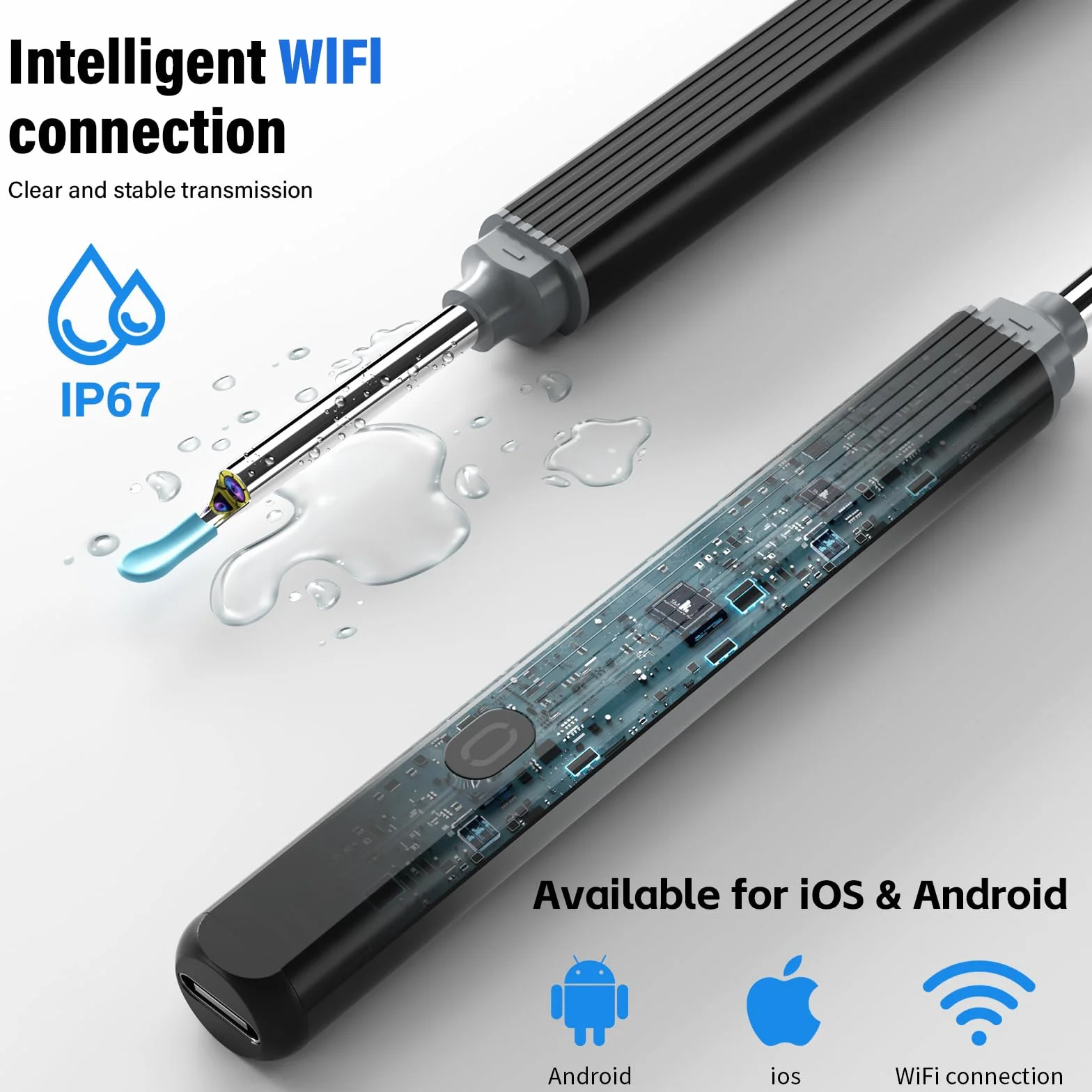 Otoskop do usuwania woskowiny, 1080p, urządzenie do czyszczenia uszu z kamerą, WiFi z kamerą, wodoszczelność IP67, kamera do uszu z 6 diodami LED – otoskop, do iPhone'a, Android, iPada, czarny
