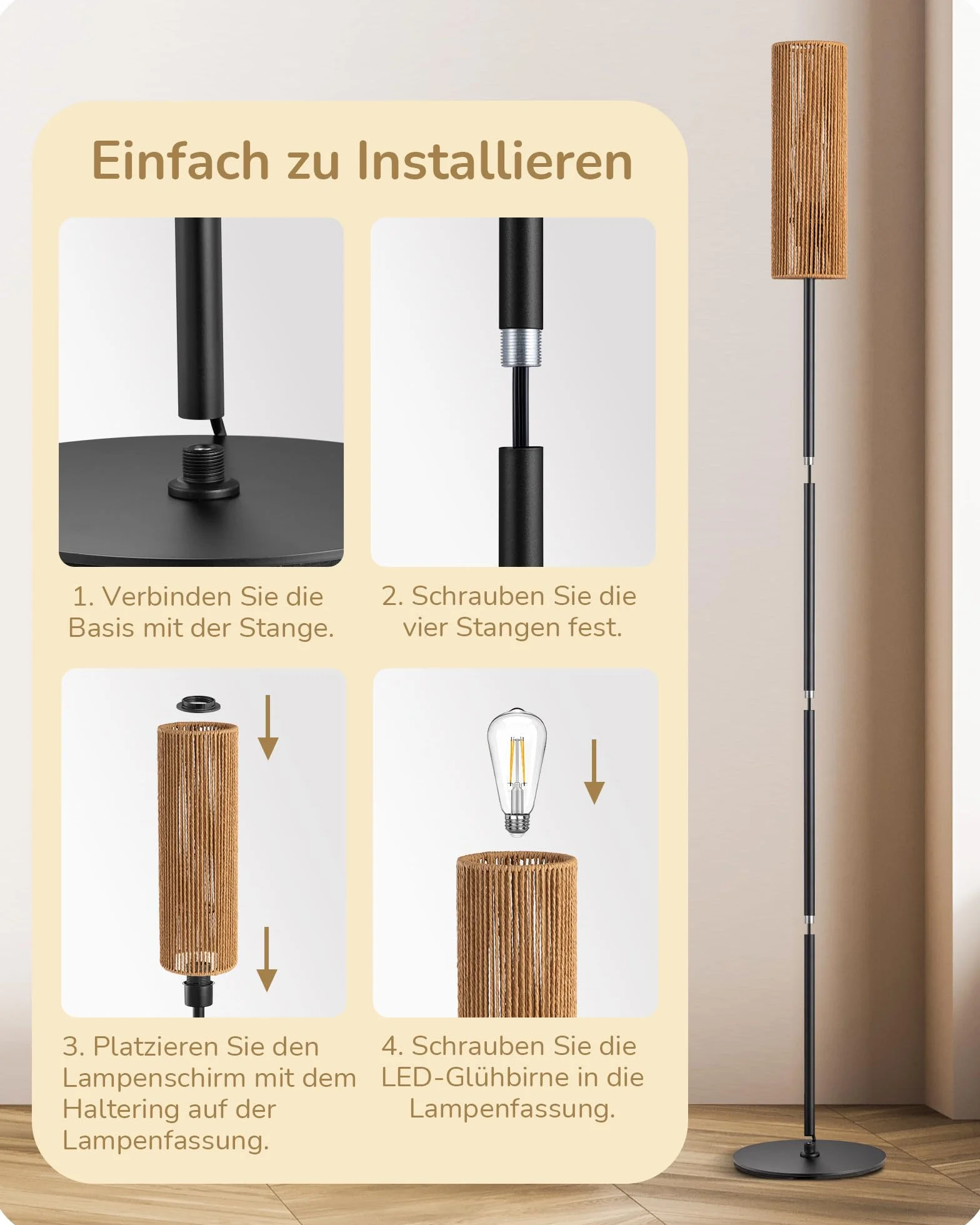EDISHINE Lampa stojąca LED do salonu, lampa stojąca z abażurem z tkanej liny, lampa stojąca vintage 2700 K, styl boho, E27, do sypialni, pokoju dziecięcego lub sofy narożnej, wysokość 165 cm