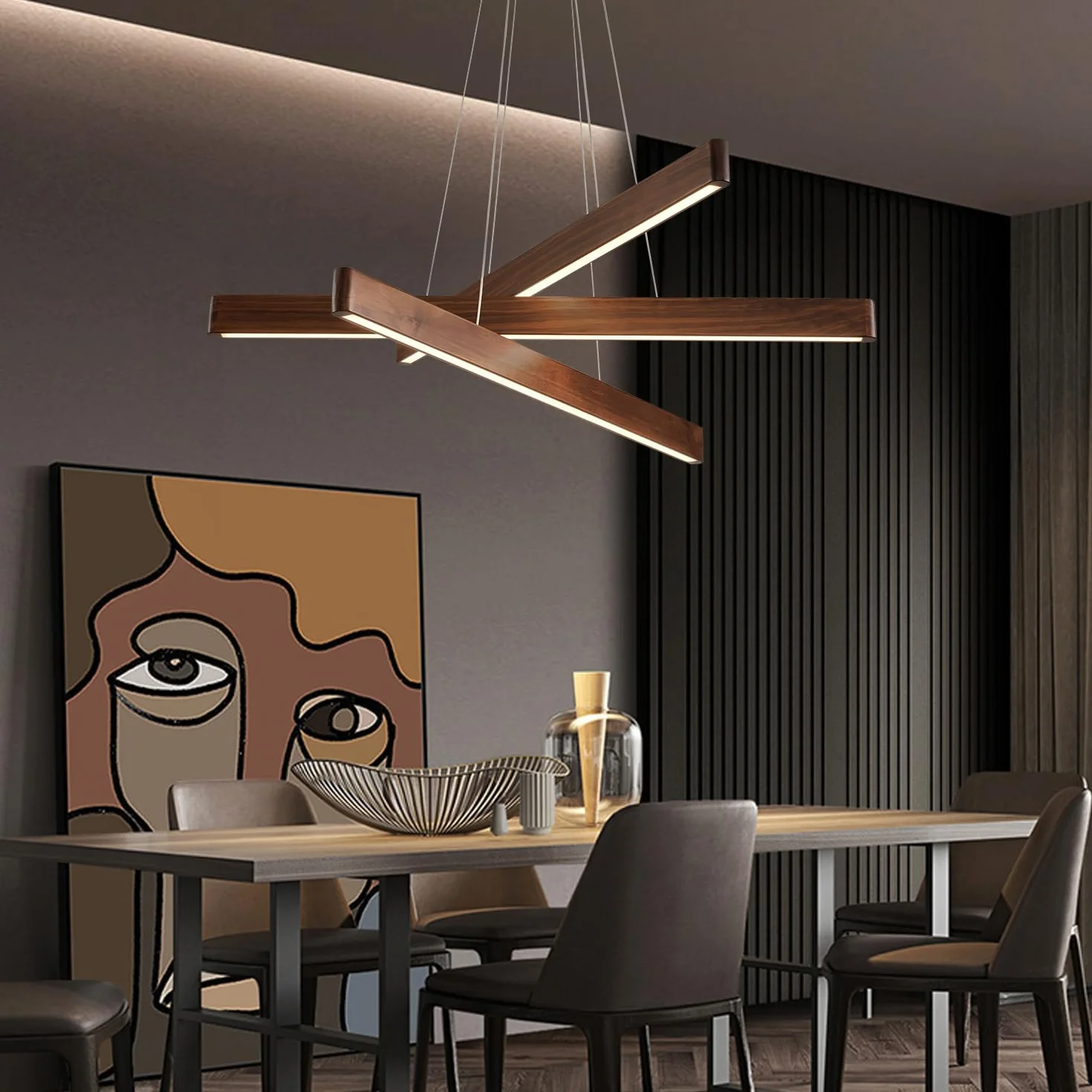 YISDESIGN 3-świetlna liniowa lampa wisząca do jadalni nowoczesne żyrandole LED do salonu ściemniana drewniana lampa sufitowa wisząca 45 W do salonu jadalni kuchni wyspy kolor orzecha włoskiego