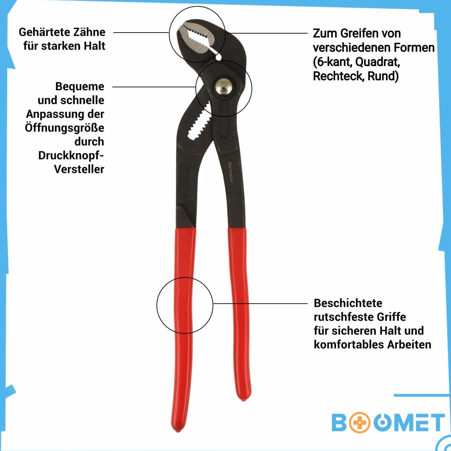 Zestaw szczypiec do pomp wodnych, zestaw 3 lub 4 szt. · regulowane szczypce do rur z przyciskiem · klucz szczypcy z precyzyjną regulacją za pomocą przycisku (zestaw 3 szt.)