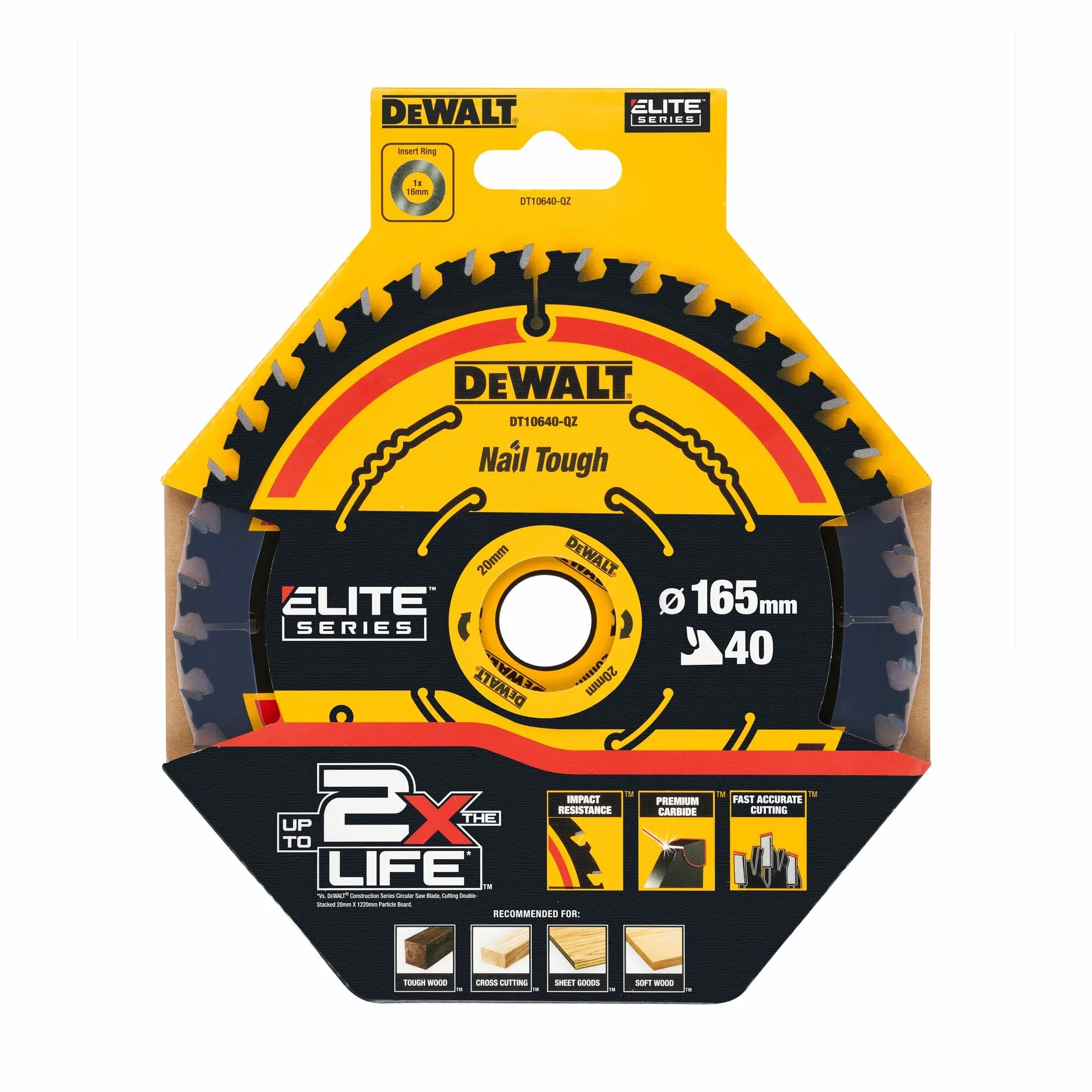 Dewalt Elite DT10640 brzeszczot piły tarczowej ø 165/20 mm, szerokość cięcia: 1,65 mm, 40 zębów, geometria zębów: WZ, kąt zębów: 18°, ultra ostre zęby z twardego metalu, z Nail Tough, do precyzyjnych