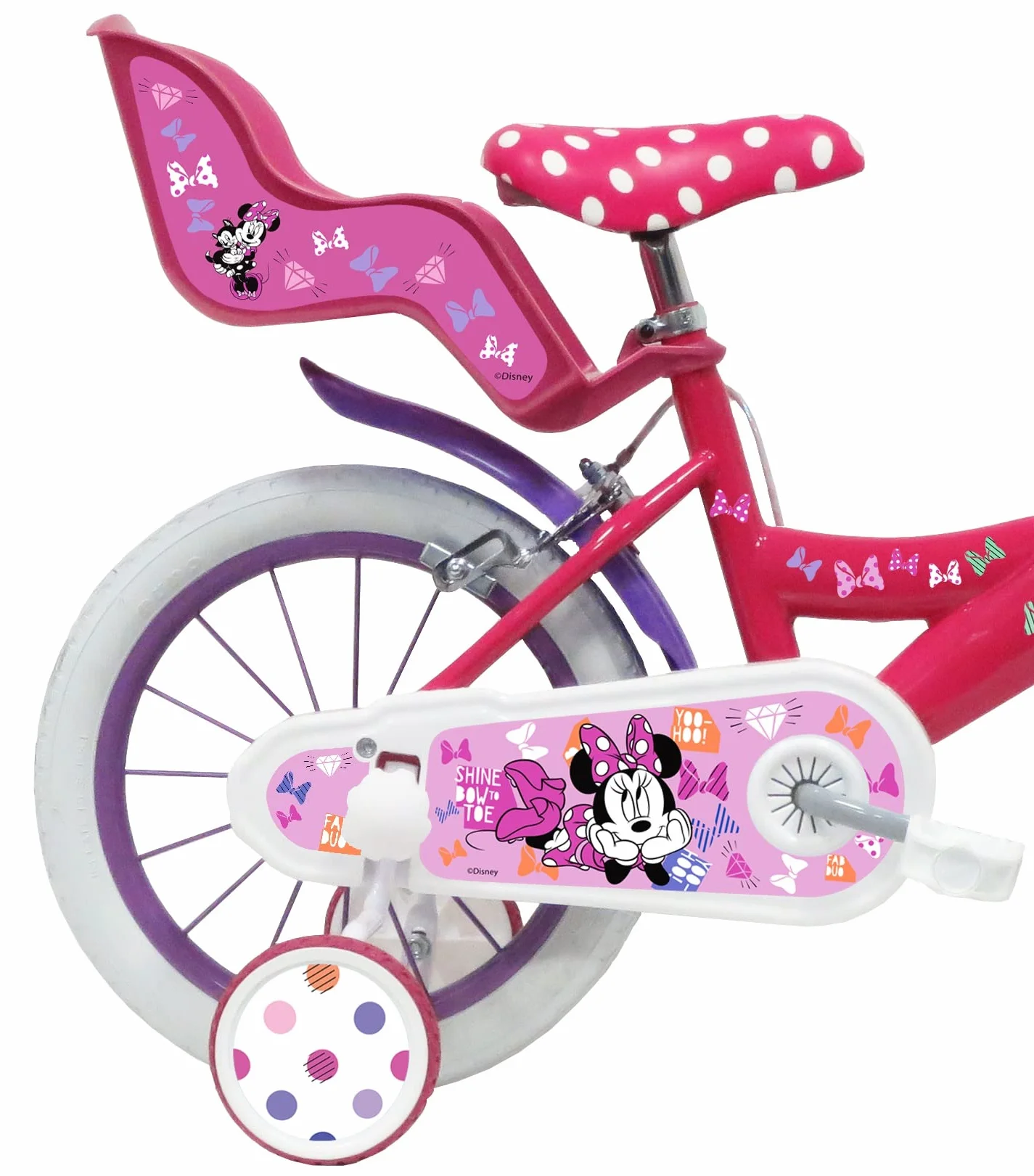 Rower dziecięcy 14'' Minnie/Disney wyposażony w 2 hamulce, tylny uchwyt na lalkę, przedni kosz i kask w zestawie!