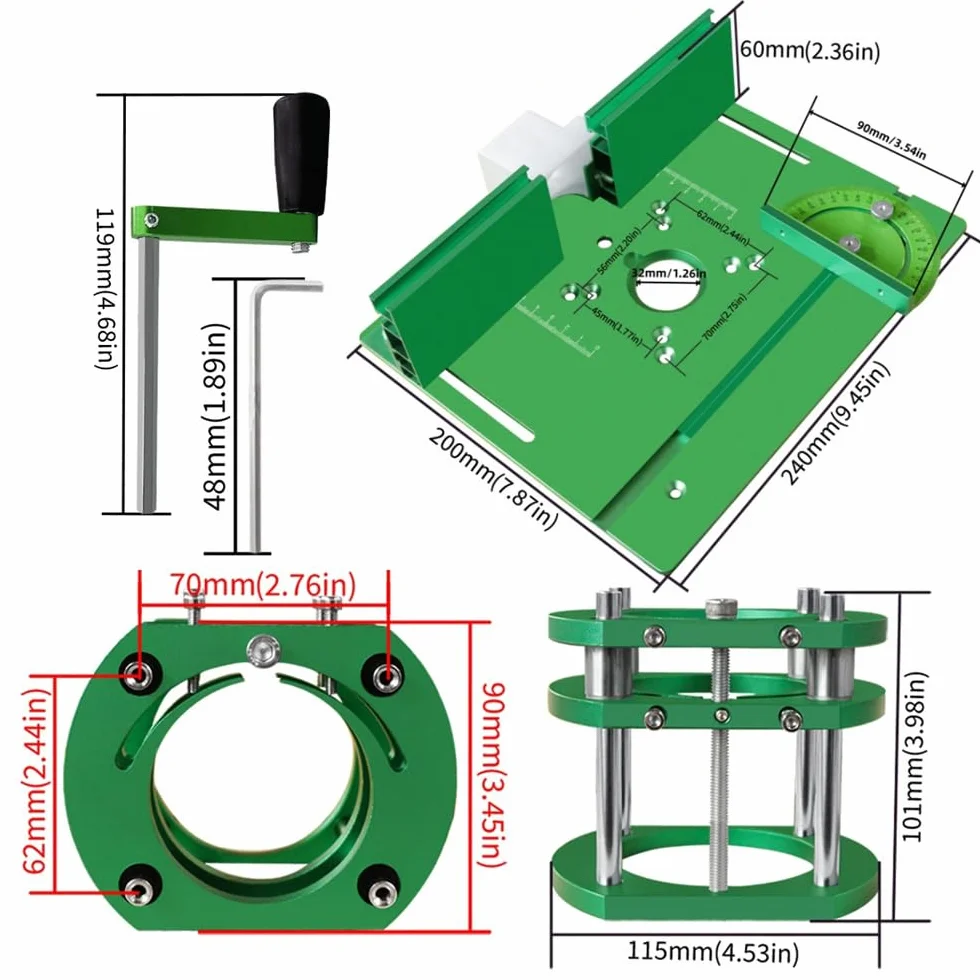 VIDOO Podnośnik do Frezarki z Aluminium Płyta Wkładka Stołu 240x200mm Ręczne Podnoszenie Silników 65mm Narzędzie Stolarskie Wysoki Skok Obróbka CNC