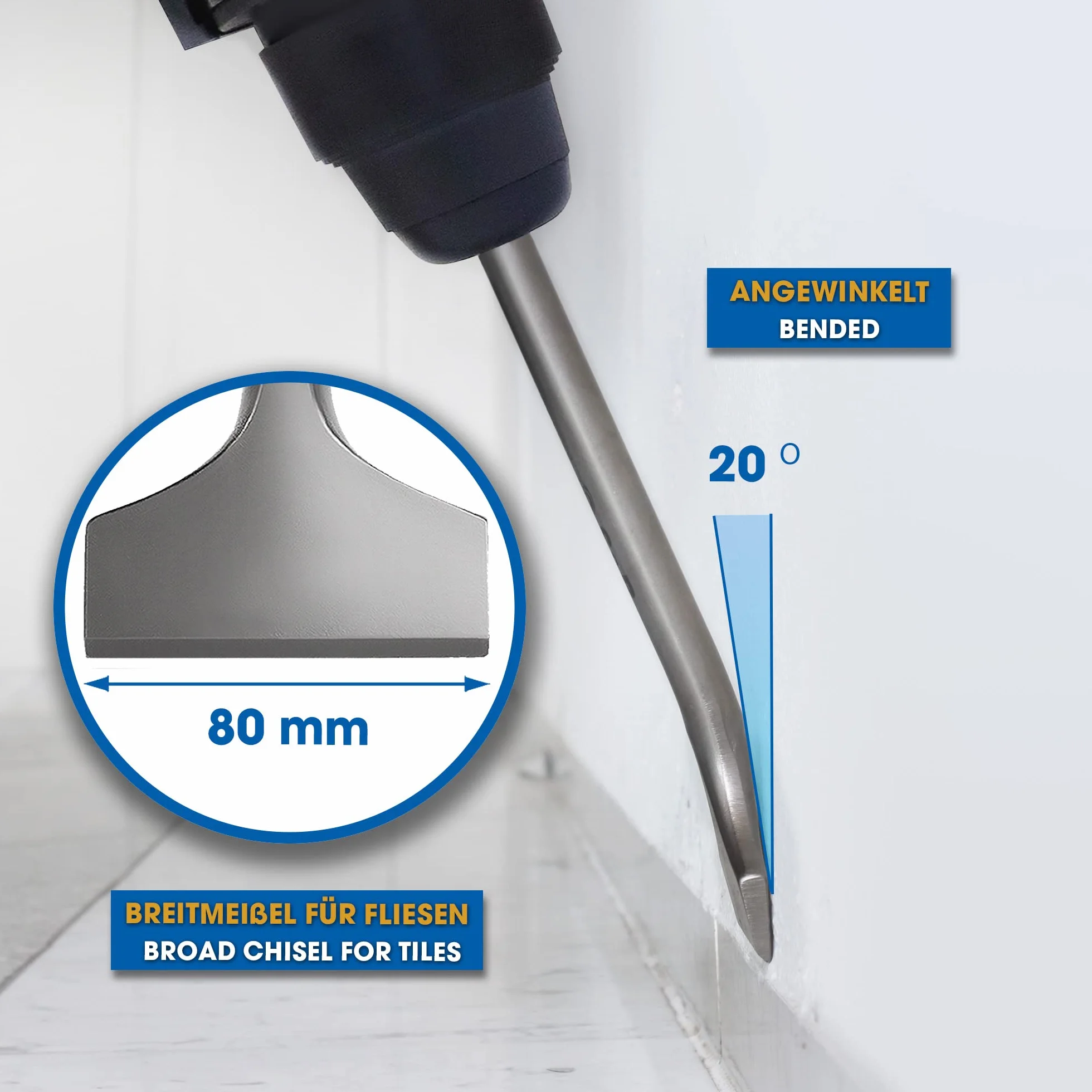 S&R Wysokowydajny dłuto do płytek SDS-MAX trzonek 300 x 80 mm zakrzywiony, jakość przemysłowa Made in Germany, specjalnie hartowane, zoptymalizowana geometria dłut, do mocowania SDS-MAX
