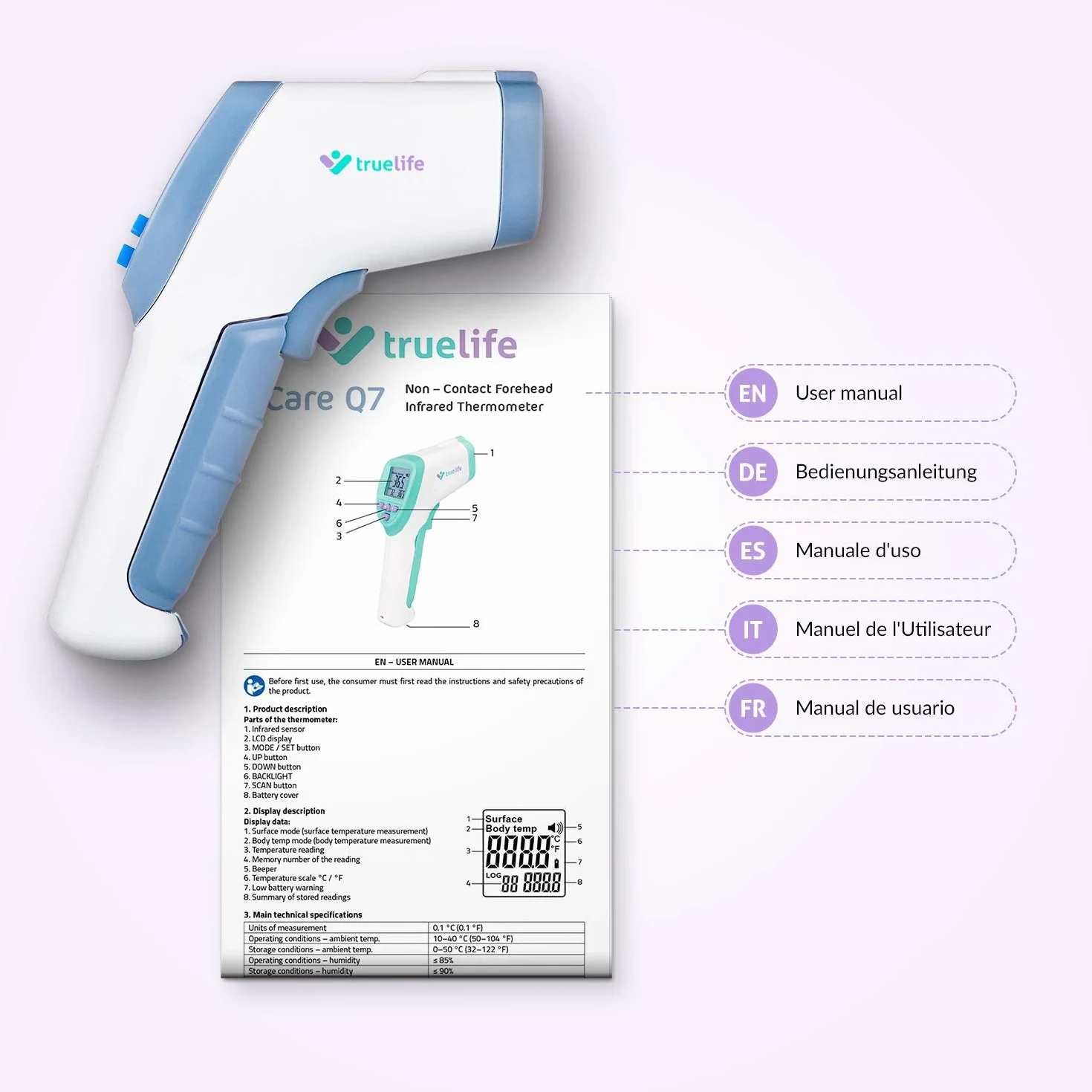 TrueLife Care Q7 Bezdotykowy termometr na podczerwień do czoła z wyświetlaczem LCD dla dzieci i dorosłych