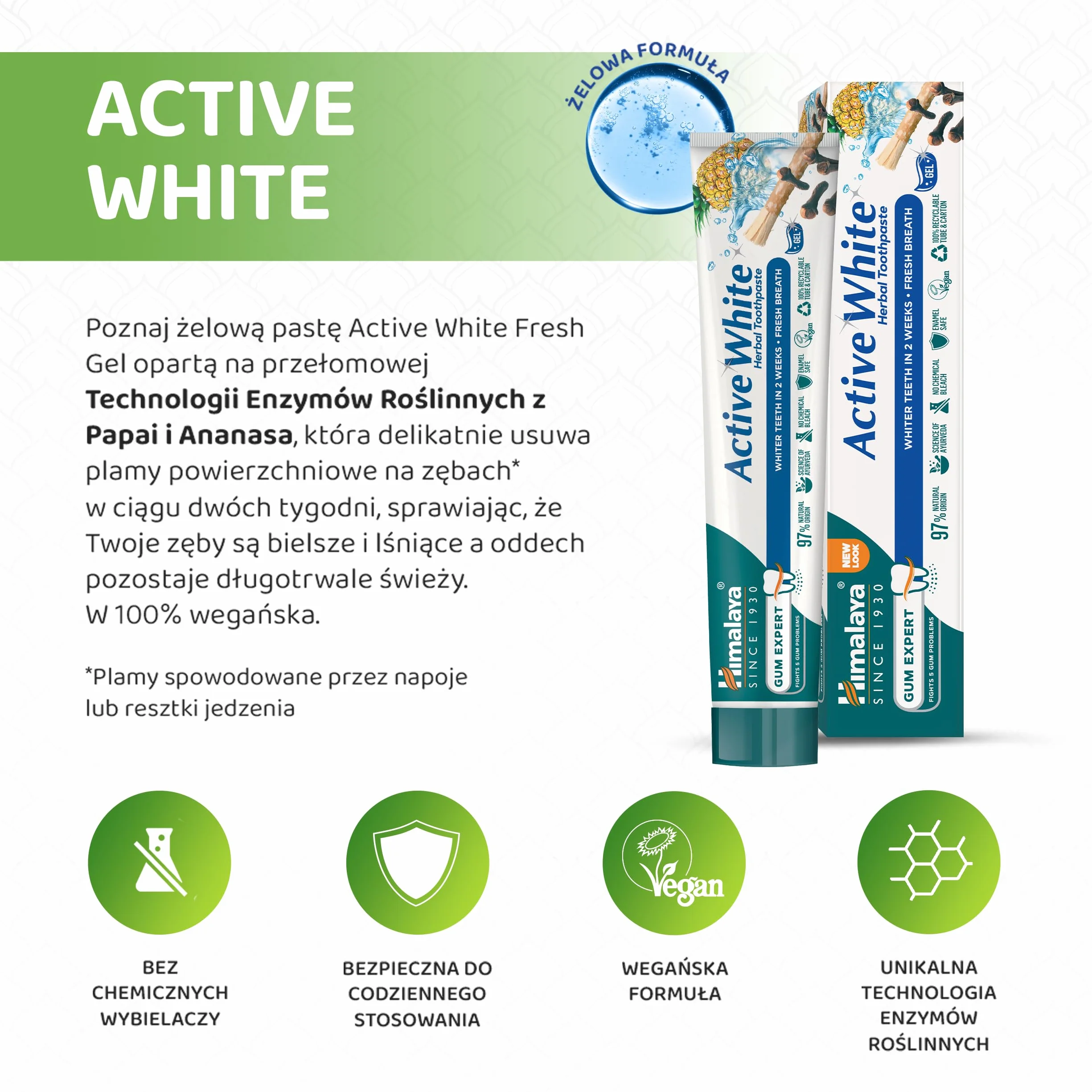 Himalaya Active White Fresh Gel, naturalne substancje ściągające bielsze i lśniące zęby, długotrwały, świeży oddech, 75 ml