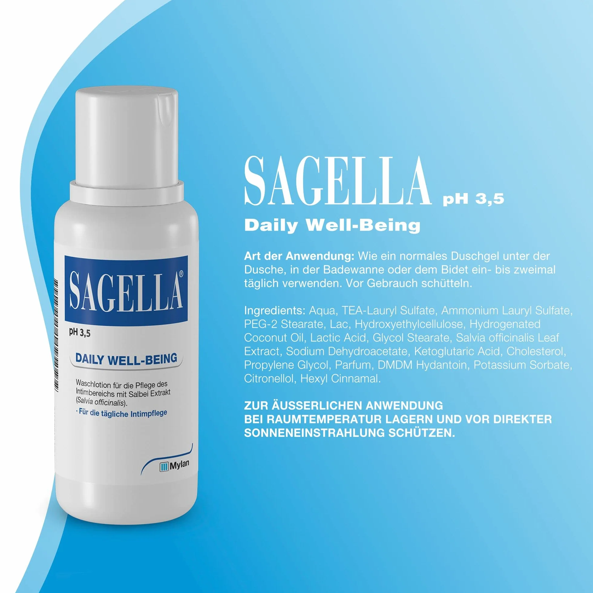 SAGELLA pH 3,5 – DAILY WELL-BEING: balsam do mycia okolic intymnych z kwasem mlekowym i ekstraktem z szałwii do codziennej pielęgnacji intymnej, 500 ml