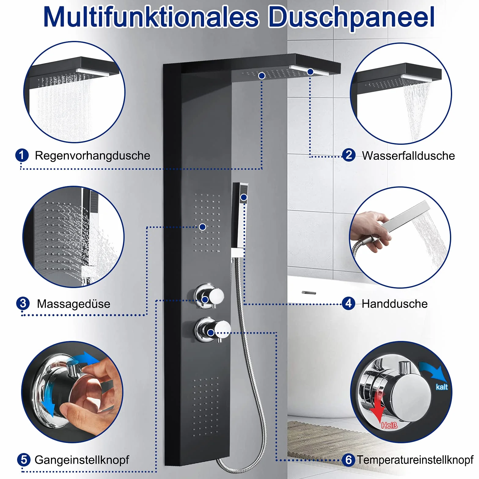 HENGMEI Panel prysznicowy system prysznicowy ze stali nierdzewnej szczotkowanej armatura prysznicowa zestaw prysznicowy z deszczownicą, prysznic z masażem, prysznic z wodospadem, słuchawka prysznicowa