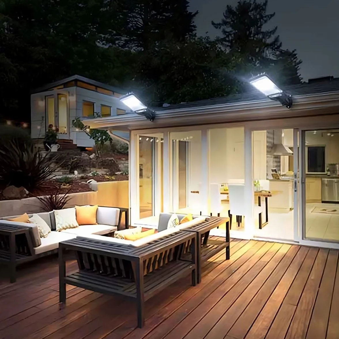 Retoo 120 LED 240 W IP67 lampa solarna z pilotem zdalnego sterowania i czujnikiem zmierzchu do świtu na zewnątrz, do ogrodu, na ulicy, werandę, zimna biel 6000 K, wodoszczelna lampa ścienna