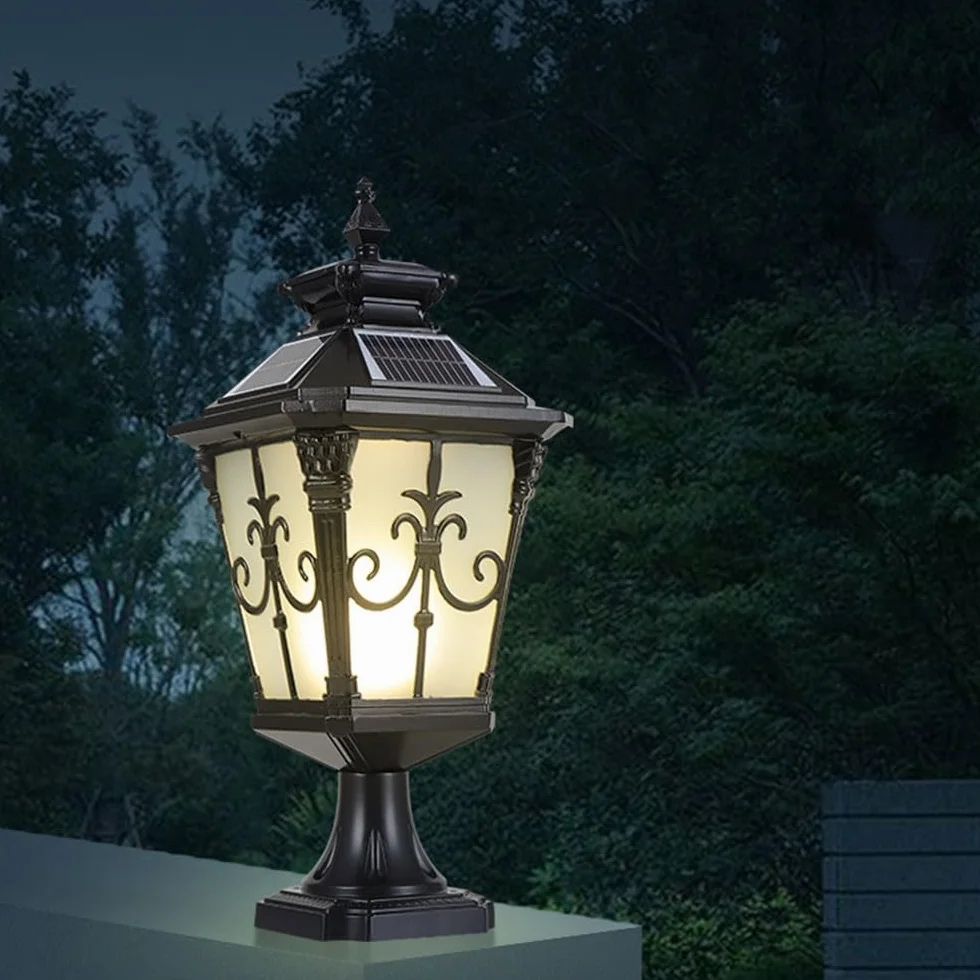 Solarne lampy słupkowe, wodoodporna, nowoczesna lampa słupkowa ogrodowa, zewnętrzna głowica latarni słupkowej do bramy dziedzińca, wysokowydajne oświetlenie kolumny paneli słonecznych
