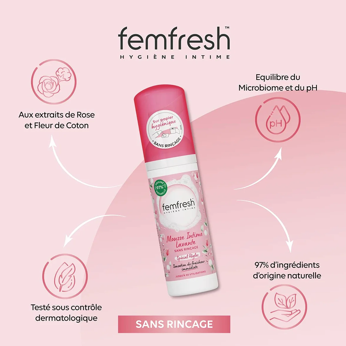 Femfresh Zmywalna pianka intymna bez spłukiwania z ekstraktami z róży i bawełny 50ml