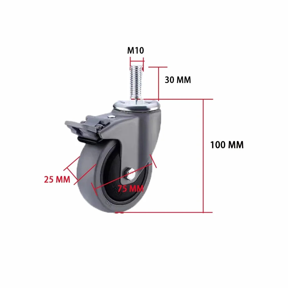 Koła gwintowane M10, ciche kółka skrętne 3 cale z hamulcami, 4 szt. gumowych kółek TPE do wózków, mebli, regałów magazynowych (2 Swivel+2 z hamulcami)