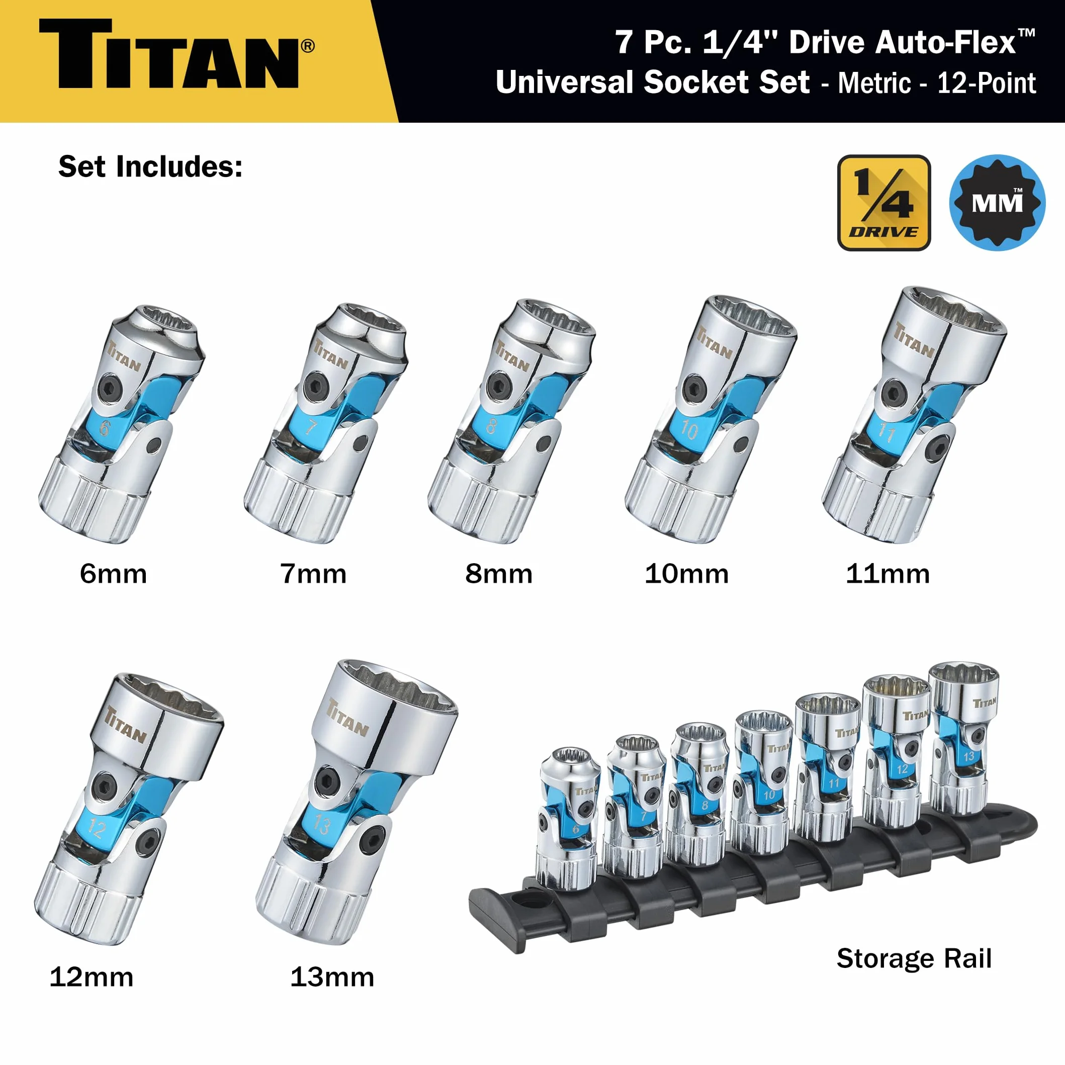 Titan 66840 7-częściowy uniwersalny zestaw nasadek z napędem 1/4-calowym metrycznym Auto Flex