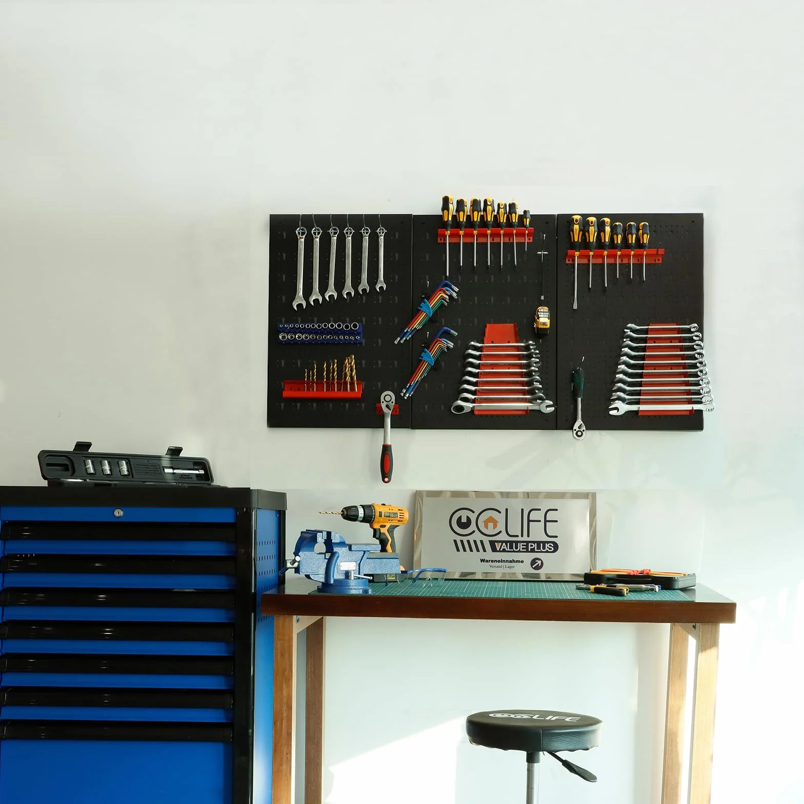 CCLIFE Ścianka narzędziowa ściana perforowana metalowa ścianka z otworami na narzędzia, trzyczęściowa, 120 x 60 x 2 cm, możliwość rozszerzenia, w zestawie 35-częściowe akcesoria, regał ścienny,