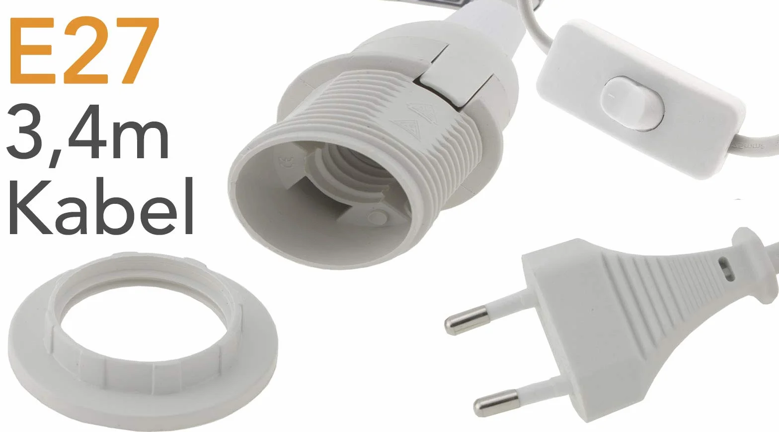 ChiliTec Oprawa lampy E27, kabel 3,4 m, z przełącznikiem, przełącznik sznurkowy, pierścień montażowy do lamp stojących i wiszących, abażuru, papieru, gwiazd, lamp, biała