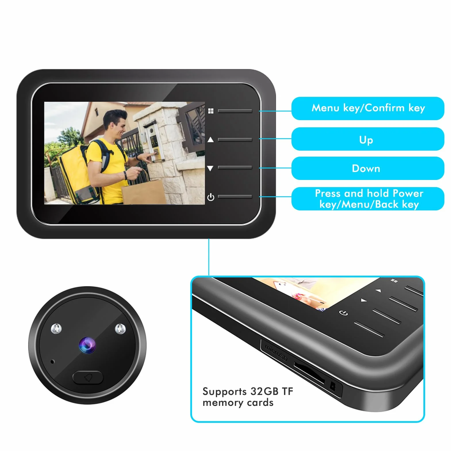 Inteligentny wizjer do drzwi 2,4 cala z kamerą i dzwonkiem, szeroki kąt 120°, noktowizor IR, HD 0,3 MP, pamięć 32 GB