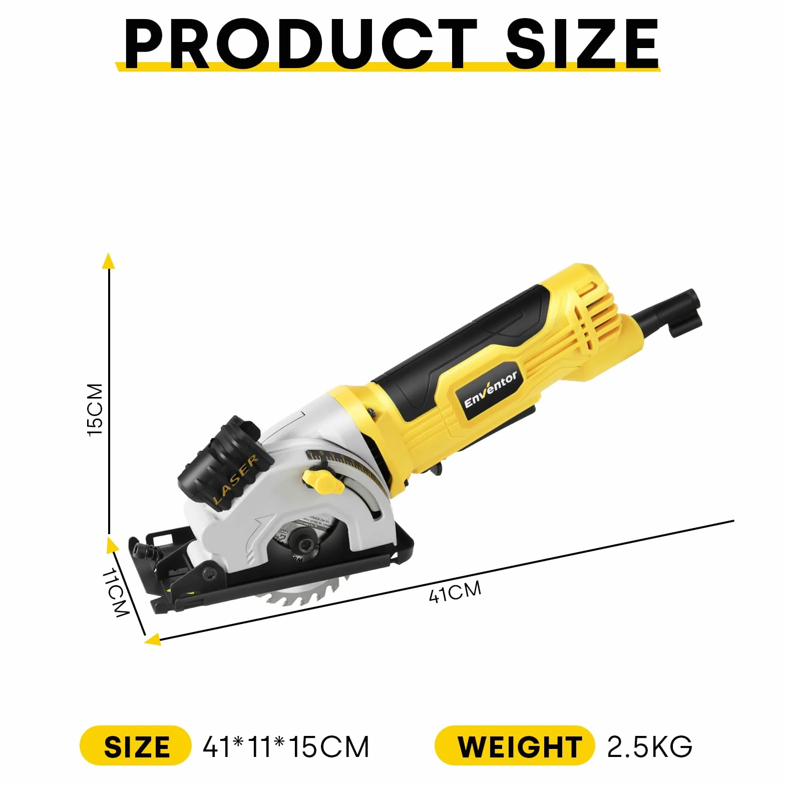 Enventor 580W Mini piła tarczowa, mini ręczna piła tarczowa z linijką i prowadnicą laserową, 4000 obr./min, trzymanie jedną ręką, 3 brzeszczoty, do drewna, płytek, tworzyw sztucznych i cienkich metali