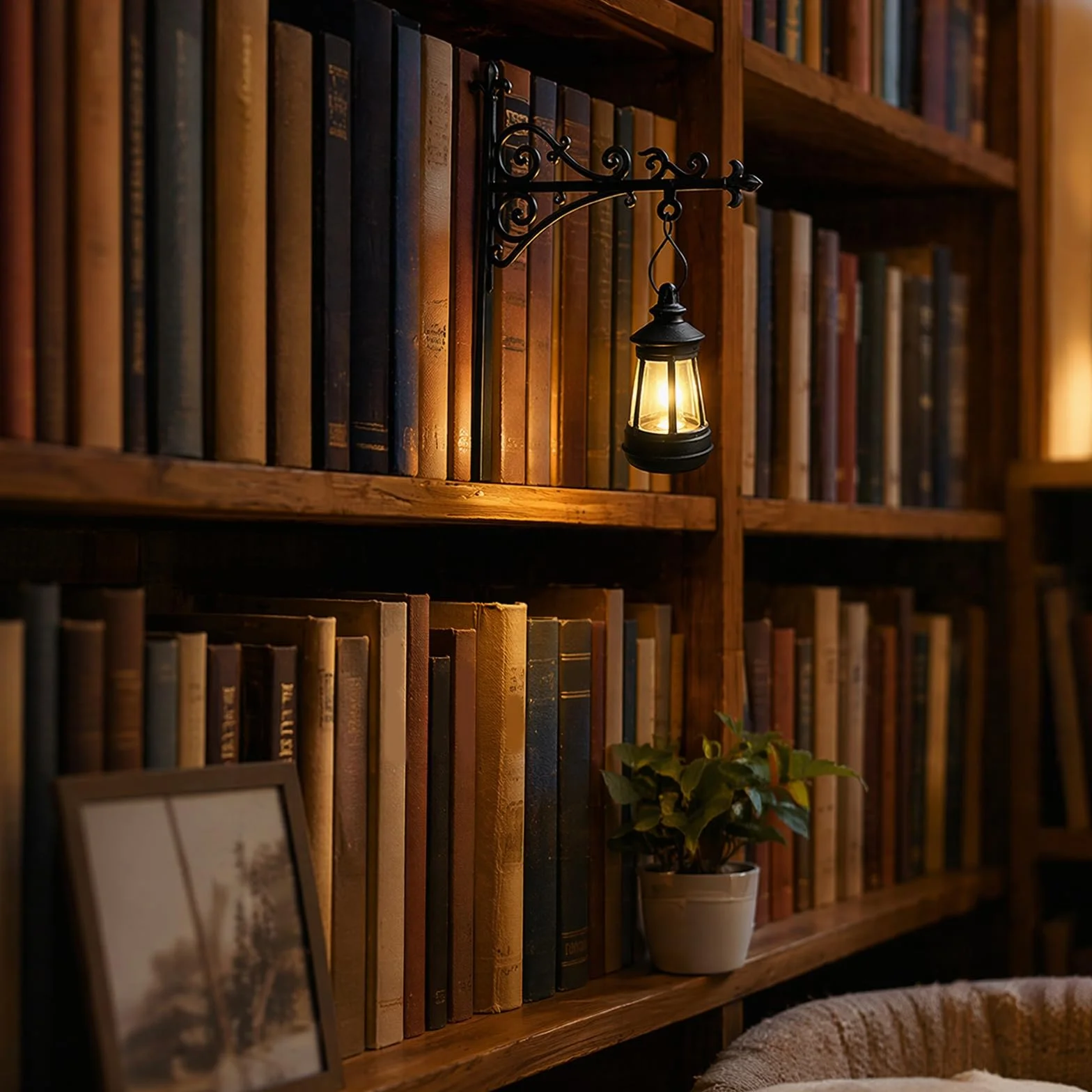 Latarnia biblioteczna – dekoracyjne oświetlenie regału na książki, lampka nocna LED do kącika do czytania, metalowe lampy do biblioteczki, oprawy oświetleniowe stołowe/biurkowe w stylu vintage