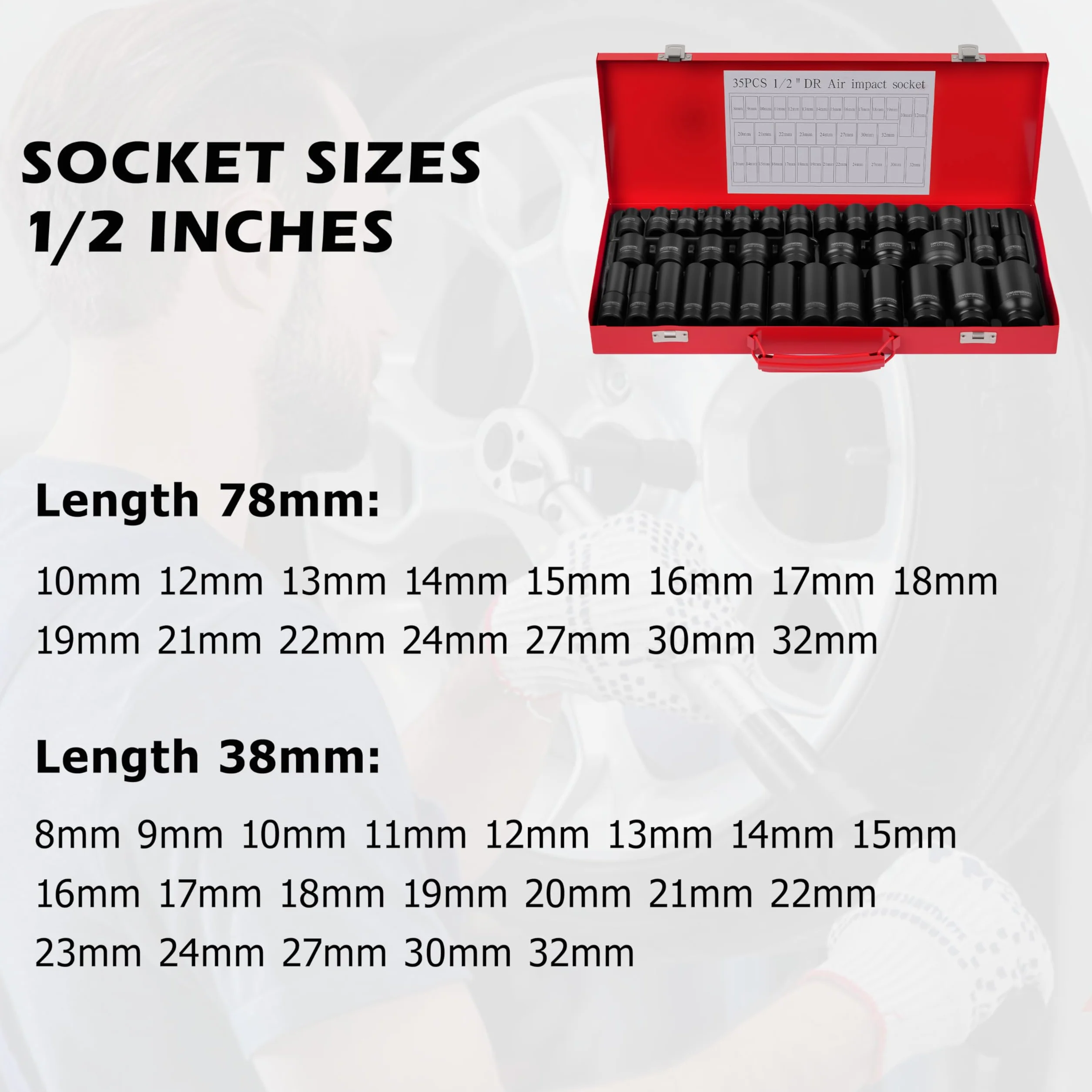 Tuleje udarowe 1/2", 6 x 8-32 mm, głębokie, metryczne, do samochodu, garażu, 35 szt